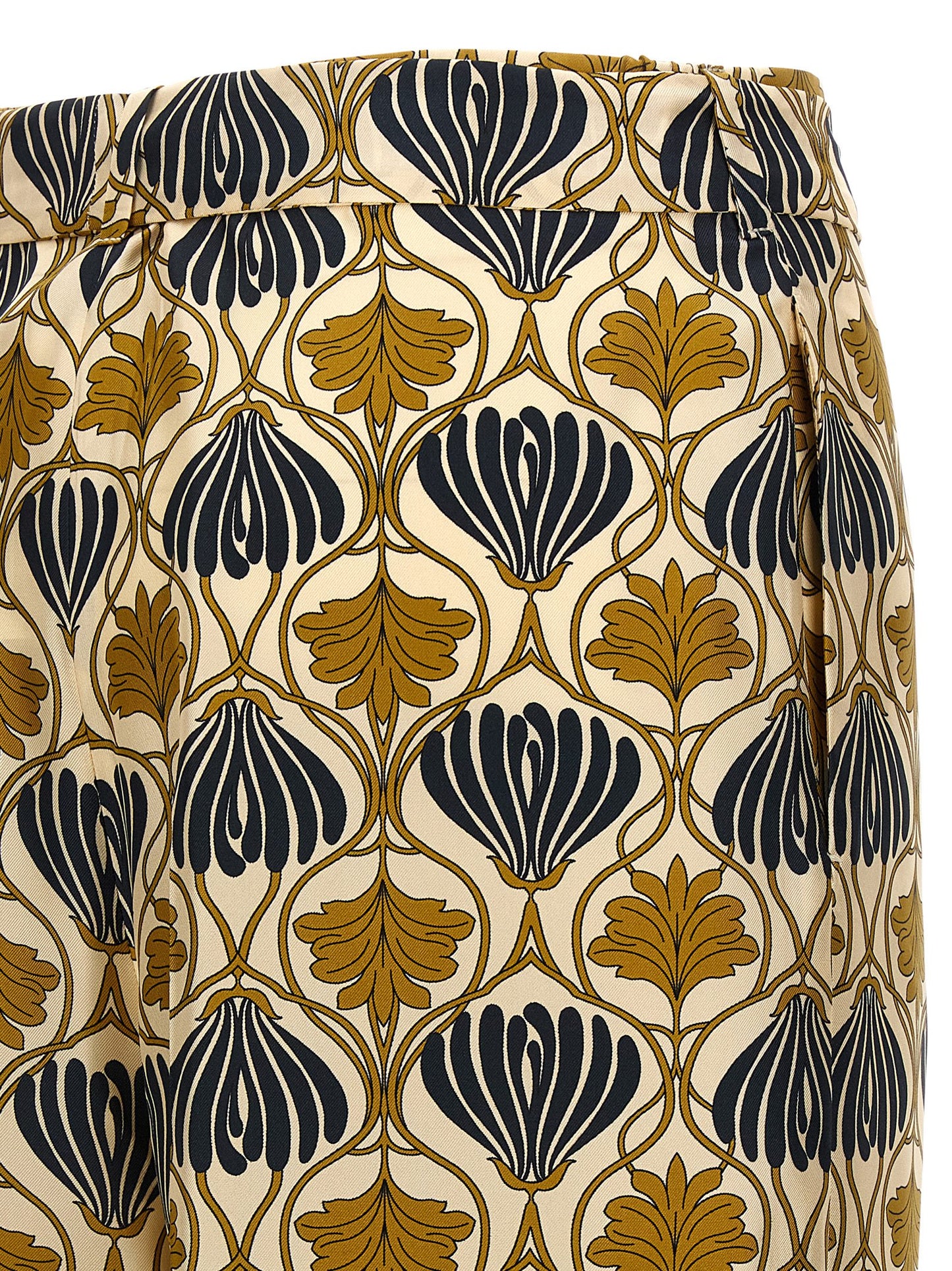 Trousers by Max Mara for women in silk bicolour, yellow & print presents a perennial silhouette, meticulously tailored with a straight-leg & cropped cut, cropped finish, and an elegant .
