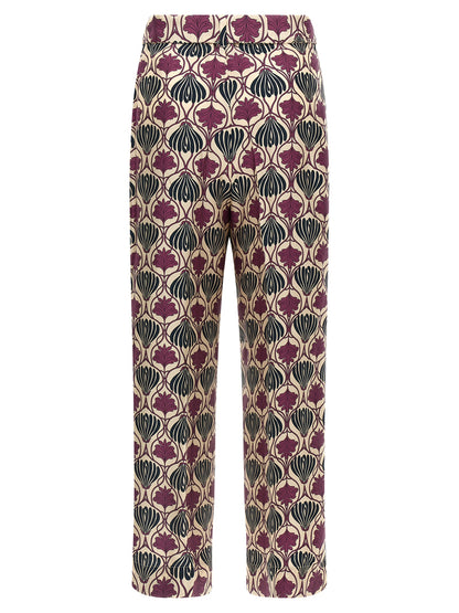 Trousers by Max Mara for women in silk purple & print presents a smart silhouette, meticulously detailed with a smart straight-leg & cropped, a smart cropped, and a smart .