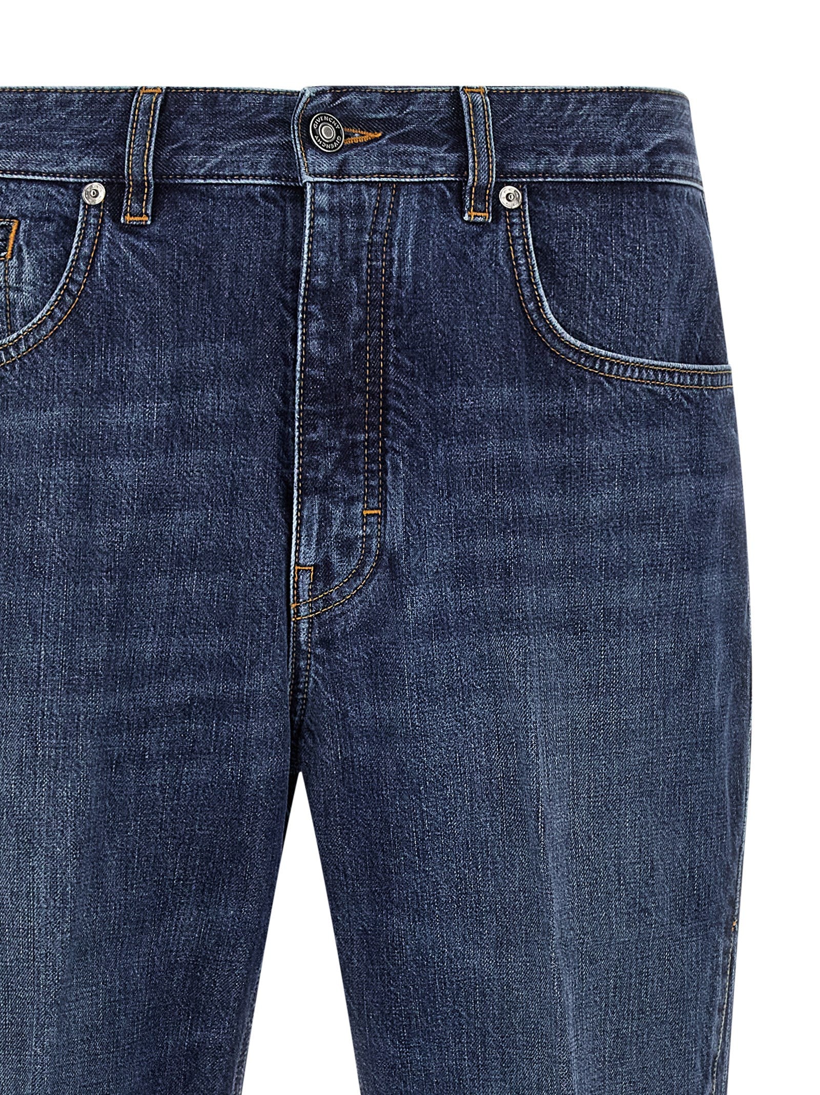 Jeans by Givenchy for men in denim cotton blue features a polished silhouette with a polished straight-leg, reaching a polished long and finished with a polished .