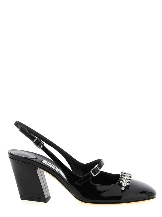 Mid-Heel Slingback Pumps Heels by Jimmy Choo for women in patent leather & crystal black & signature showcases a exquisite silhouette, perfectly accentuating Women's Patent Leather & Crystal Mid-Heel Slingback Pumps Heels with a exquisite mid-heel and exquisite square toe style.