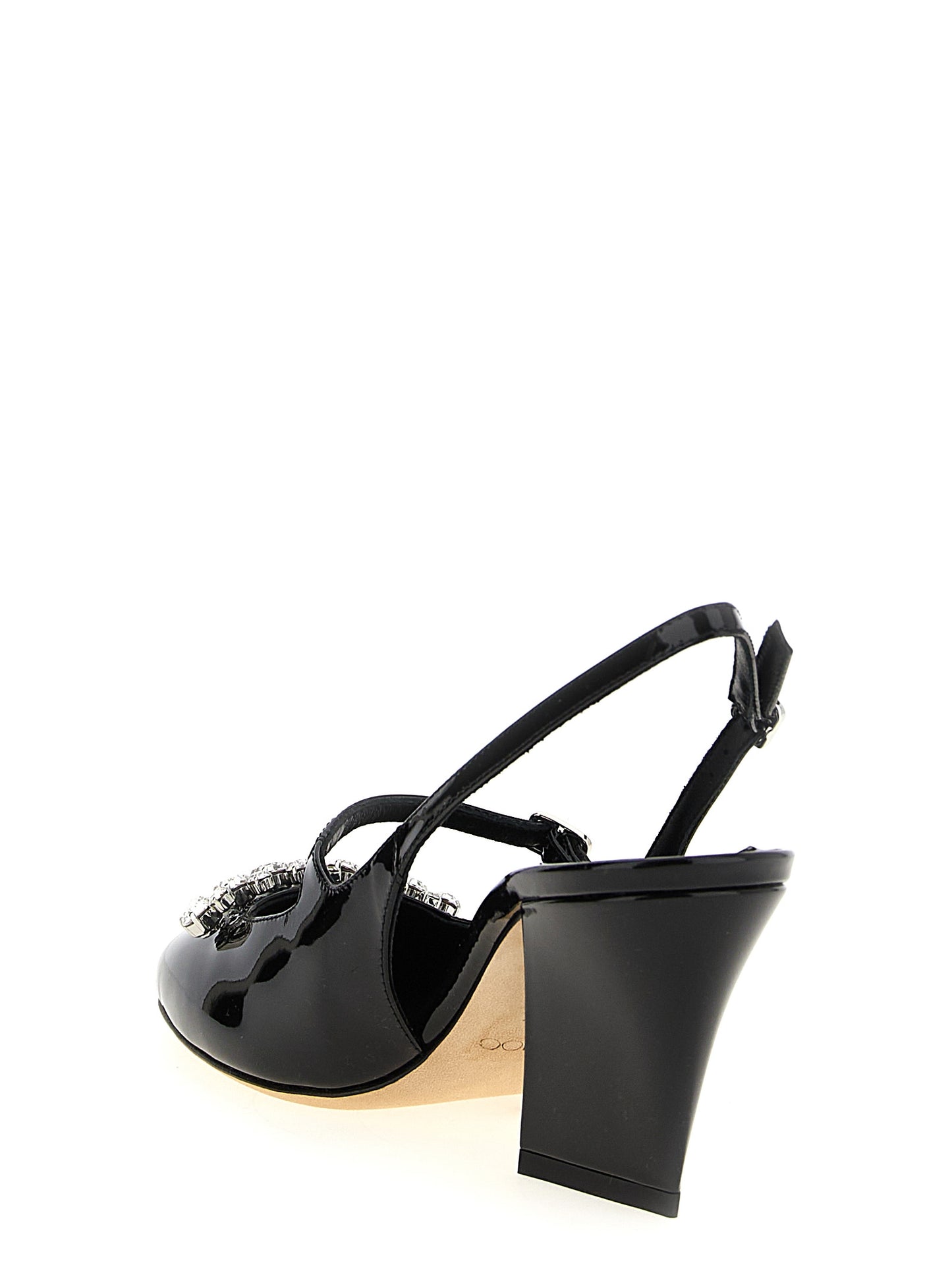 Mid-Heel Slingback Pumps Heels by Jimmy Choo for women in patent leather & crystal black & signature features a effortless chic silhouette, showcasing the Women's Patent Leather & Crystal Mid-Heel Slingback Pumps Heels design with a effortless chic mid-heel and square toe style for a effortless chic finish.