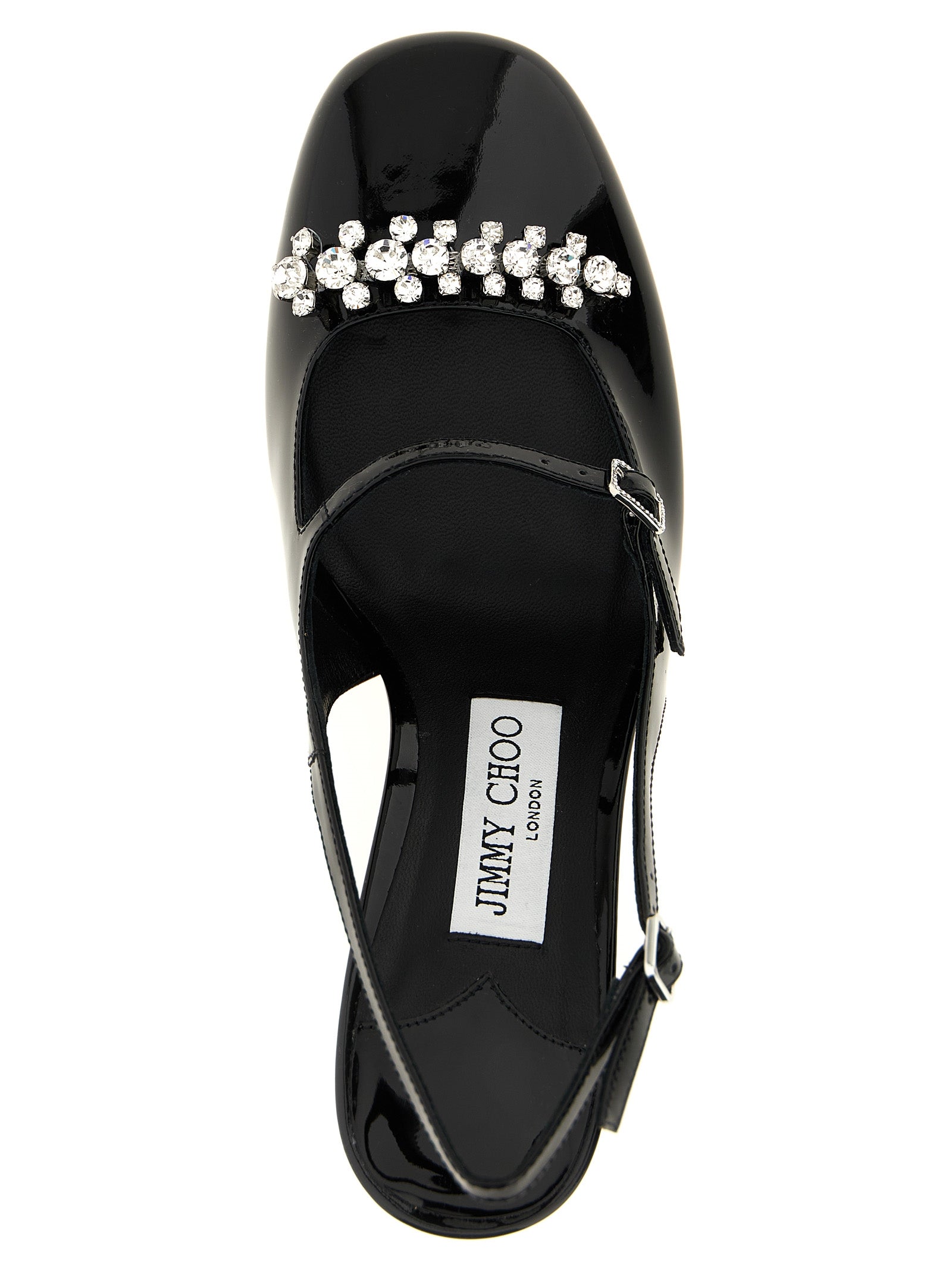 This Mid-Heel Slingback Pumps Heels by Jimmy Choo for women in patent leather & crystal black & signature presents a effortlessly chic silhouette from the Women's Patent Leather & Crystal Mid-Heel Slingback Pumps Heels collection, featuring a effortlessly chic mid-heel and effortlessly chic square toe style.