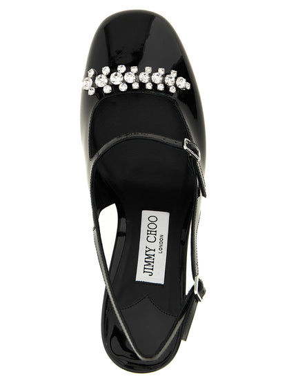 This Mid-Heel Slingback Pumps Heels by Jimmy Choo for women in patent leather & crystal black & signature presents a effortlessly chic silhouette from the Women's Patent Leather & Crystal Mid-Heel Slingback Pumps Heels collection, featuring a effortlessly chic mid-heel and effortlessly chic square toe style.