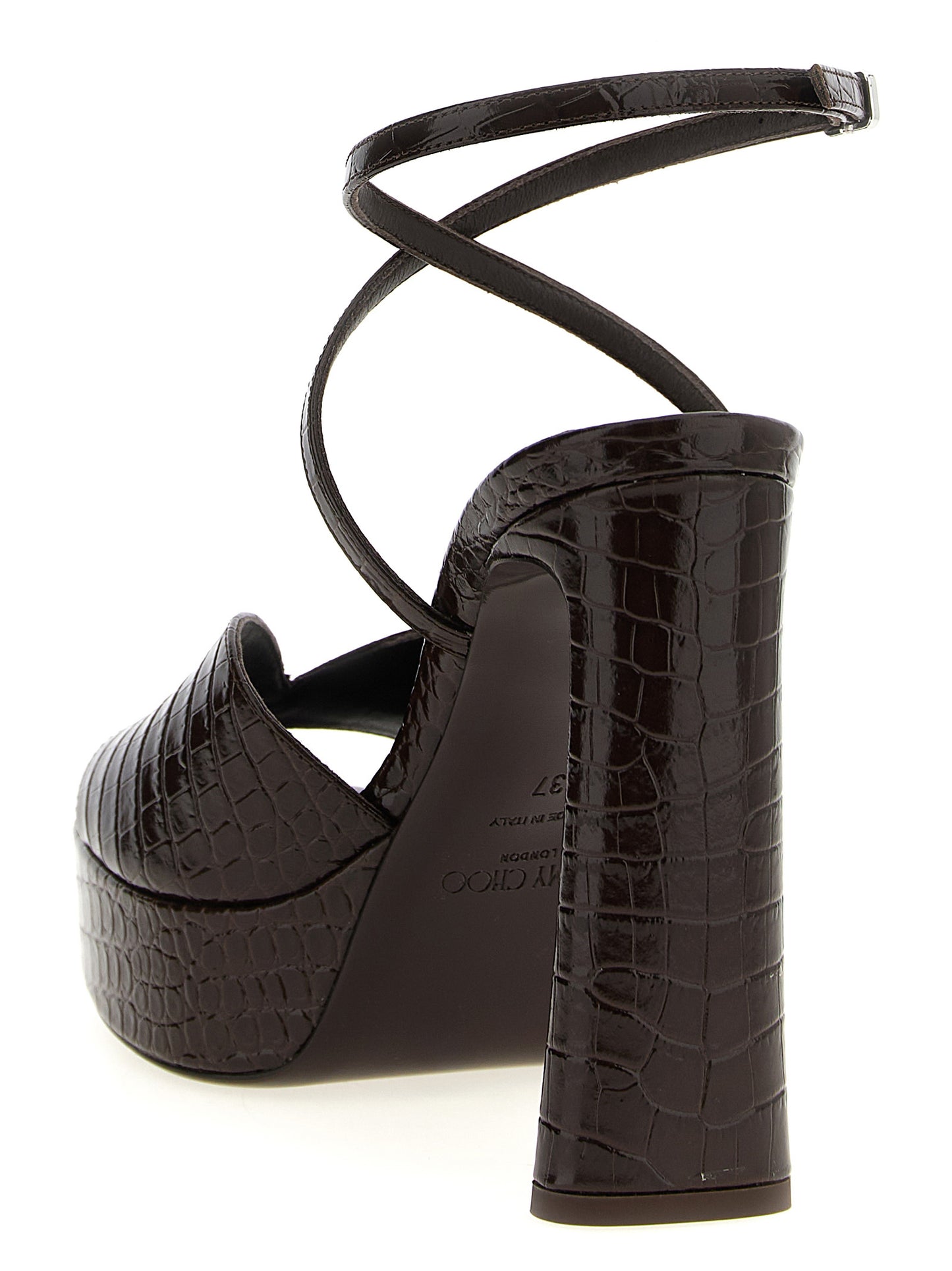 Platform Stiletto Ankle Strap Sandals by Jimmy Choo for women in polyester crocodile skin leather brown & print showcases a sculptural silhouette as Women's Polyester Crocodile Skin Leather Platform Stiletto Ankle Strap Sandals, defined by a sculptural stiletto platform and sculptural square toe style for a sculptural look.