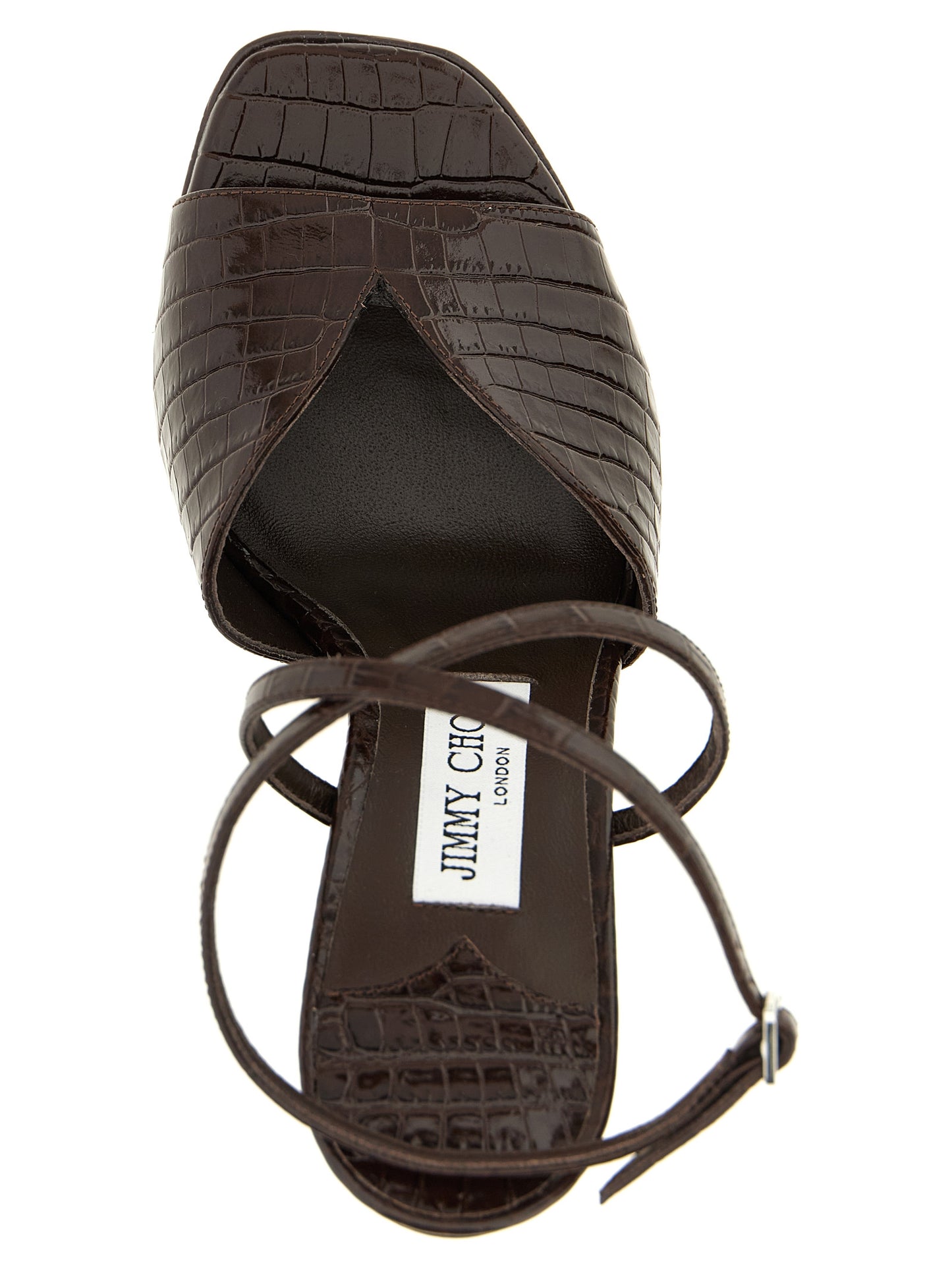 Platform Stiletto Ankle Strap Sandals by Jimmy Choo for women in polyester crocodile skin leather brown & print features an statuesque Women's Polyester Crocodile Skin Leather Platform Stiletto Ankle Strap Sandals silhouette with a refined stiletto platform and elegant square toe style.