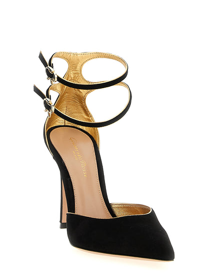 High-Heel Stiletto Ankle Strap Pumps Heels by Gianvito Rossi for women in bos taurus suede leather black features a effortlessly chic Ribbon Women's Bos Taurus Suede Leather High-Heel Stiletto Ankle Strap Pumps Heels design with a sophisticated stiletto high-heel and elegant pointed toe style.