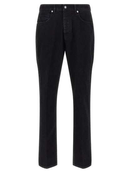 Jeans by Givenchy for men in stretch denim cotton & suede leather black features an sophisticated and straight-leg with a precise long, creating a sophisticated and sophisticated silhouette.