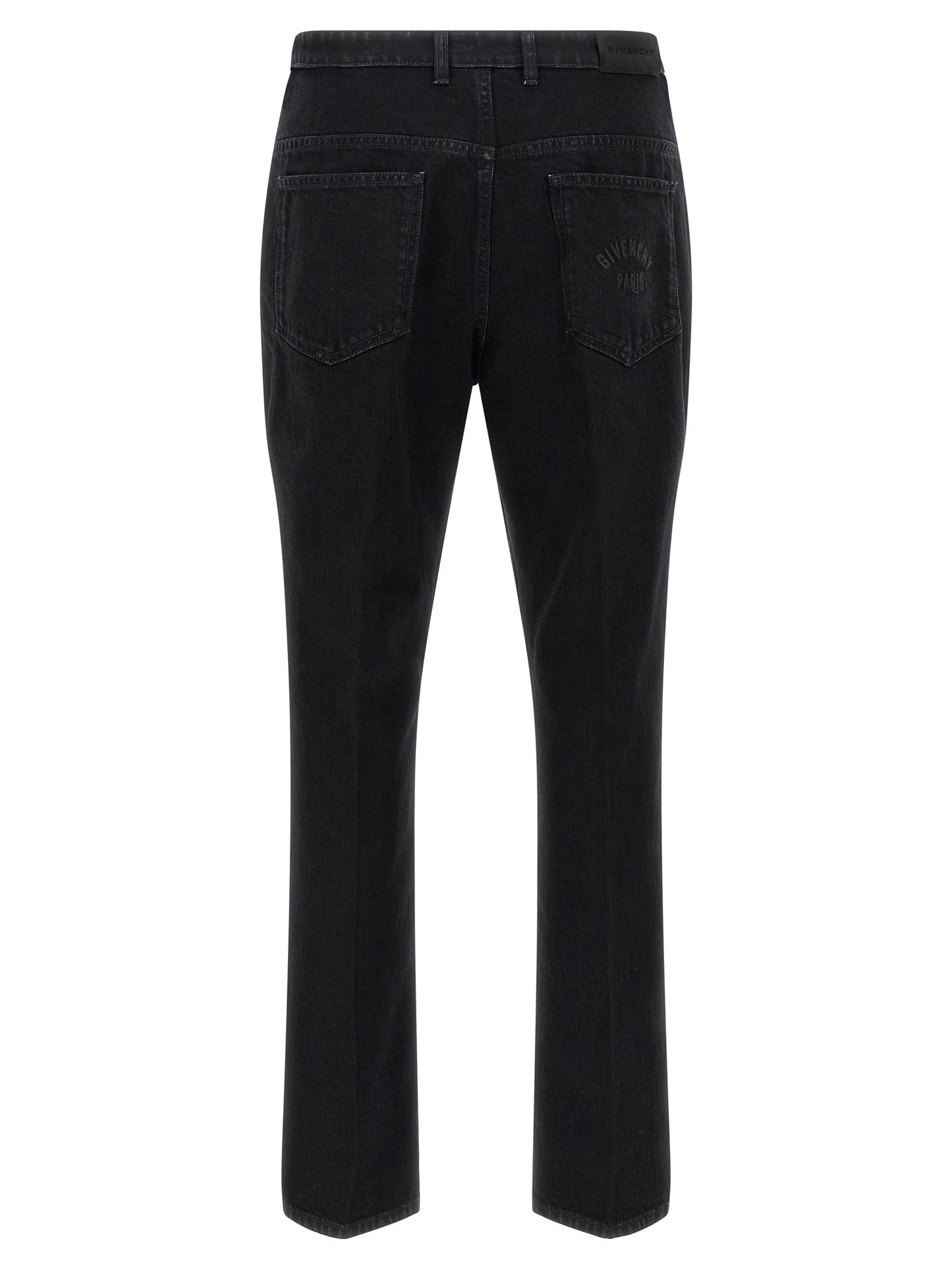 Jeans by Givenchy for men in stretch denim cotton & suede leather black features a polished silhouette with a polished straight-leg, reaching a polished long and finished with a polished .