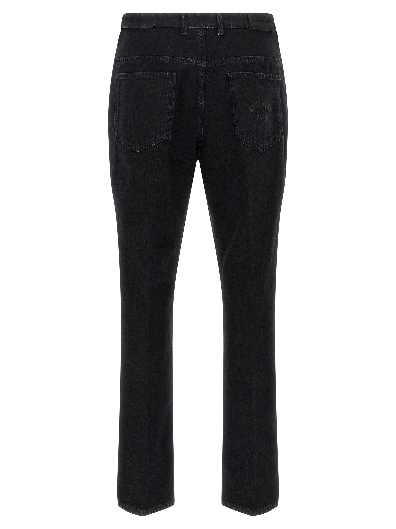 Jeans by Givenchy for men in stretch denim cotton & suede leather black features a polished silhouette with a polished straight-leg, reaching a polished long and finished with a polished .