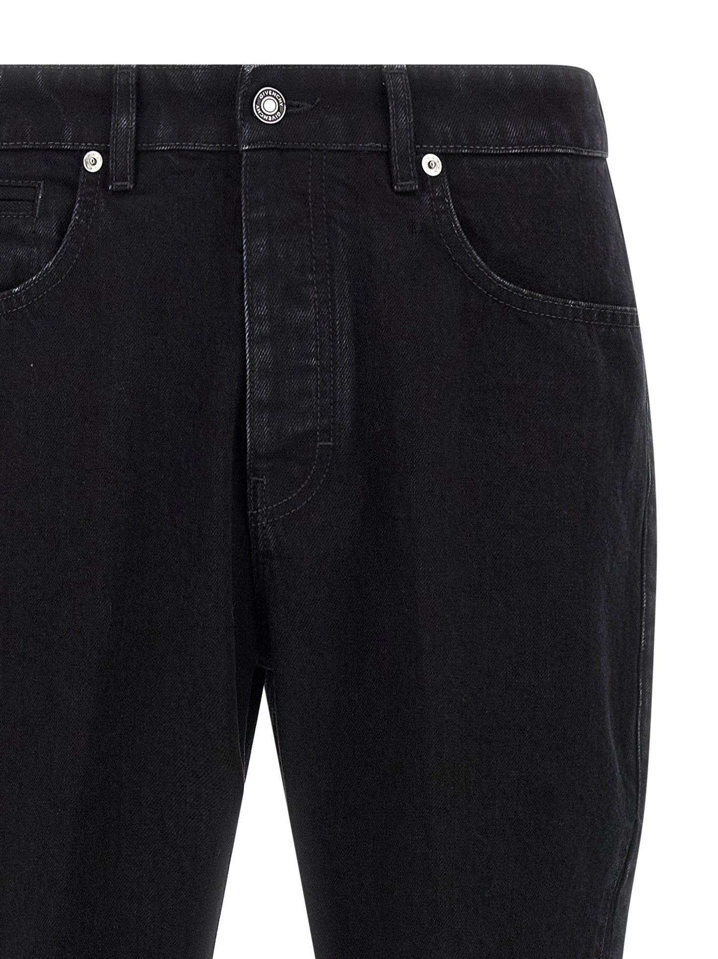 Jeans by Givenchy for men in stretch denim cotton & suede leather black presents a refined pantology silhouette, artfully defined by a refined pantology straight-leg, long, and a sophisticated .