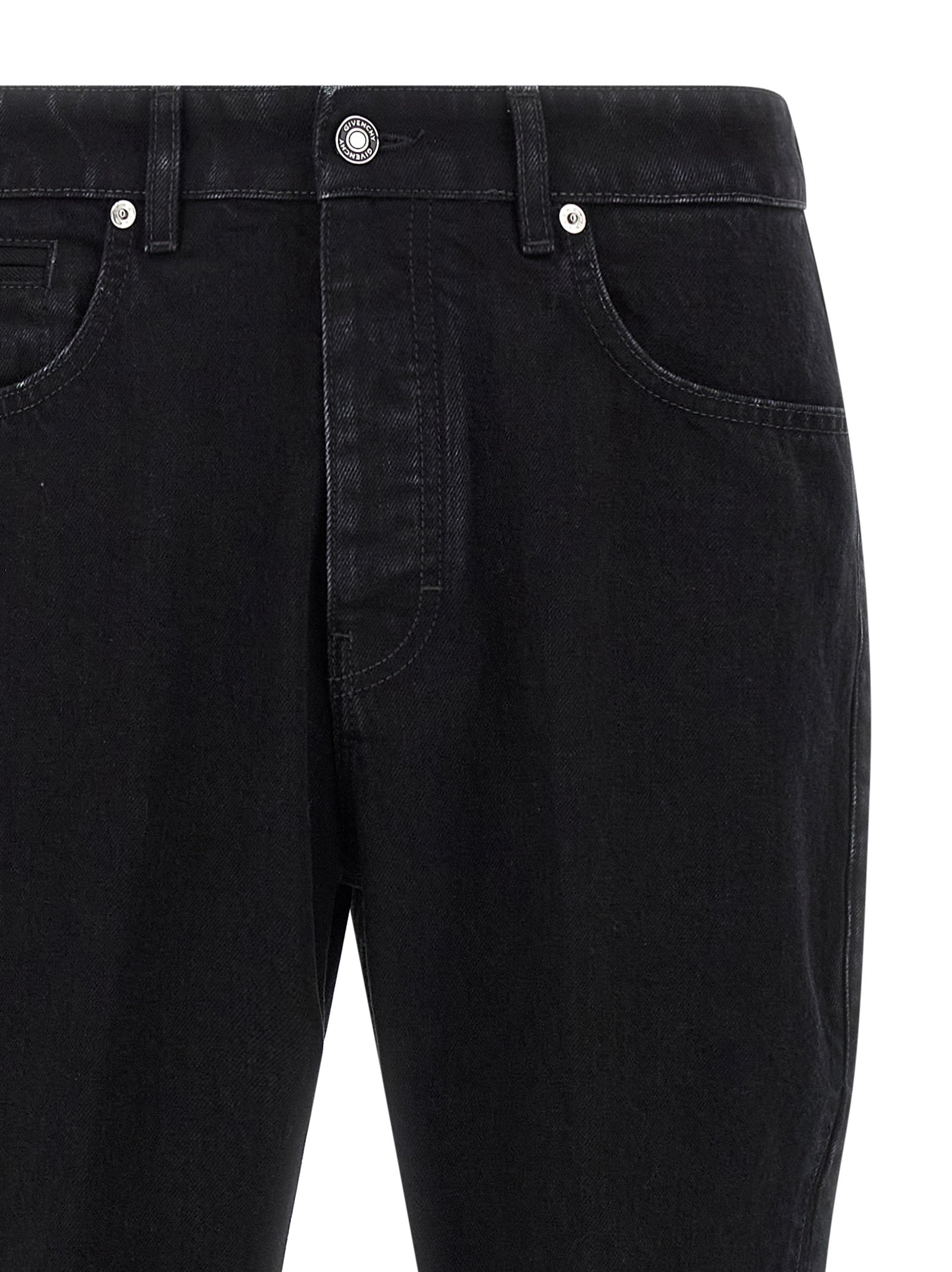 Jeans by Givenchy for men in stretch denim cotton & suede leather black presents a refined pantology silhouette, artfully defined by a refined pantology straight-leg, long, and a sophisticated .
