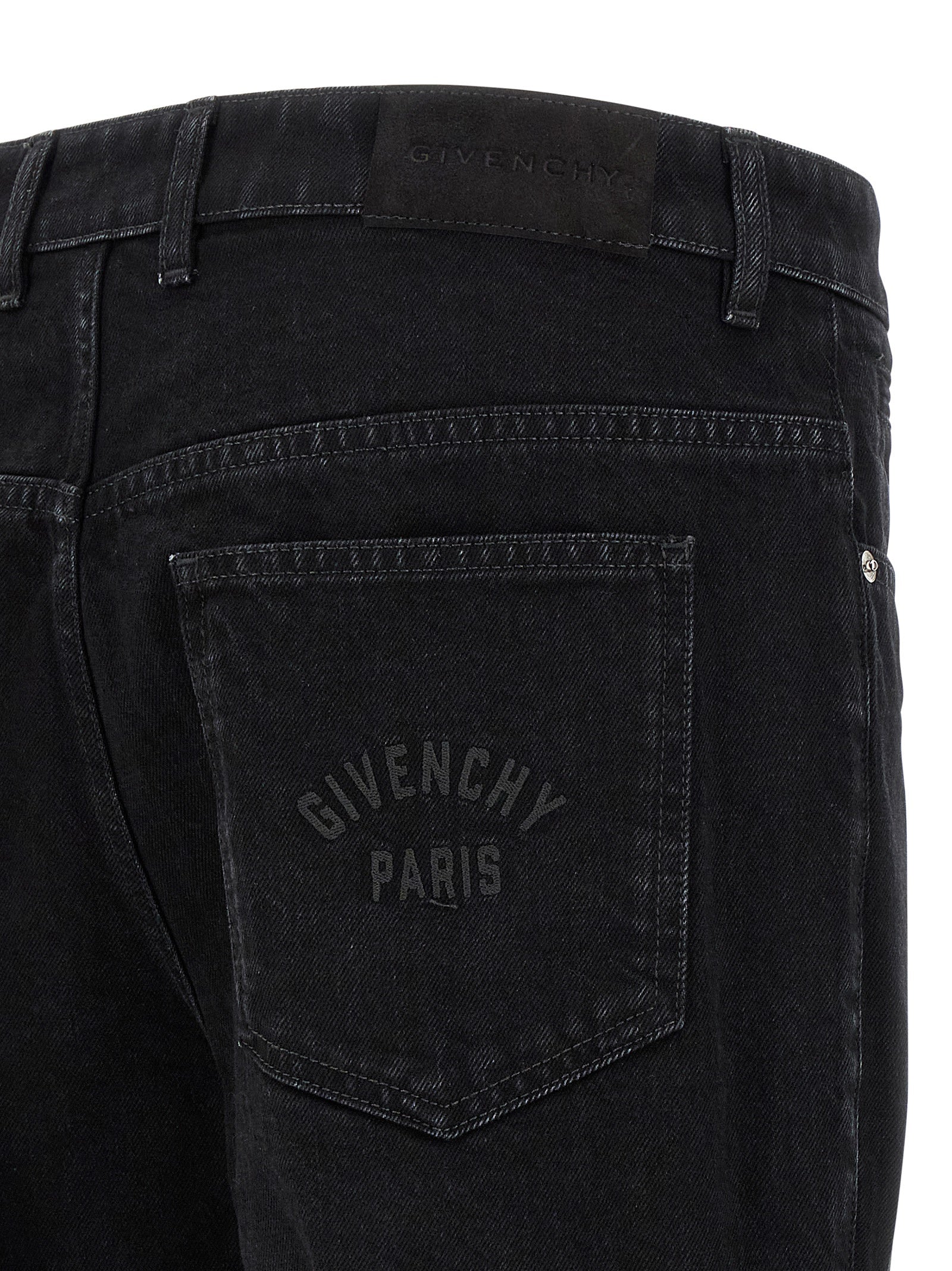 Jeans by Givenchy for men in stretch denim cotton & suede leather black presents a tailored silhouette, showcasing a tailored straight-leg and long cut with a refined for a truly tailored aesthetic.