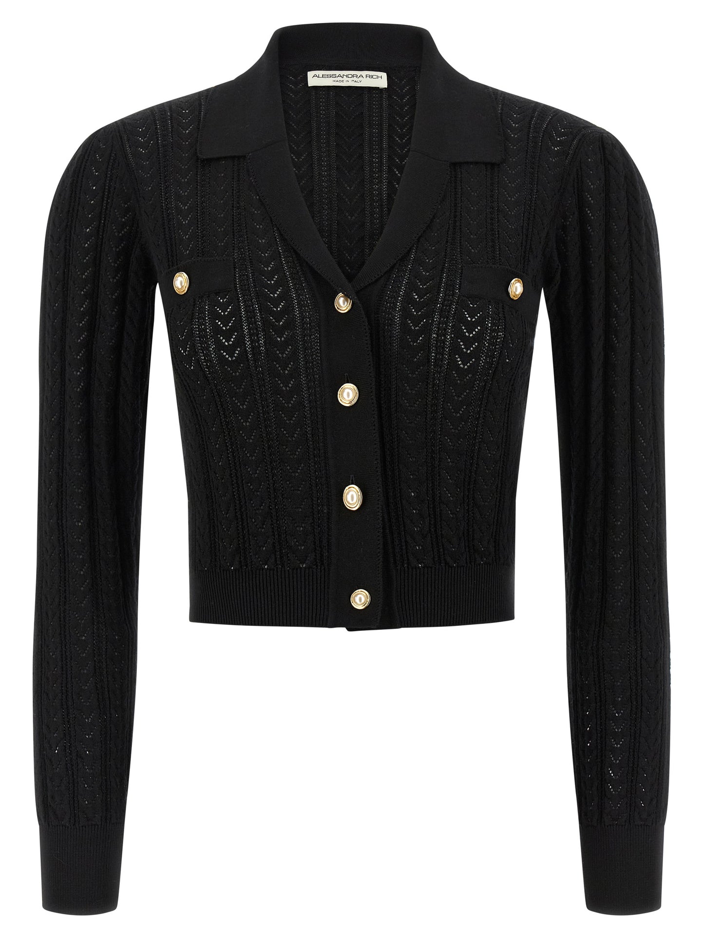 Cardigan by Alessandra Rich for women in cashmere cotton blend black showcases a luxurious silhouette, meticulously detailed with a sophisticated v-neck neckline and for a refined finish.