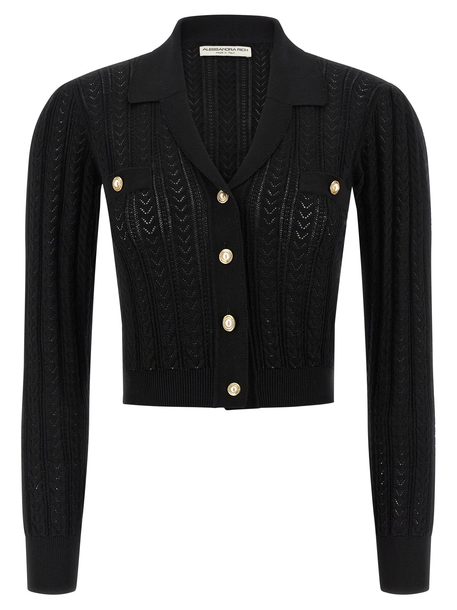 Cardigan by Alessandra Rich for women in cashmere cotton blend black showcases a luxurious silhouette, meticulously detailed with a sophisticated v-neck neckline and for a refined finish.