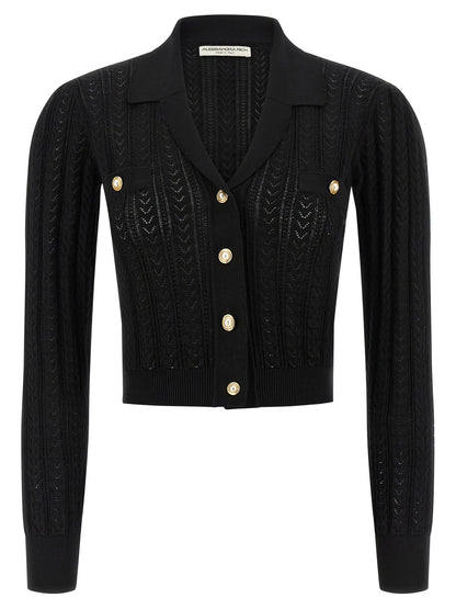Cardigan by Alessandra Rich for women in cashmere cotton blend black showcases a luxurious silhouette, meticulously detailed with a sophisticated v-neck neckline and for a refined finish.