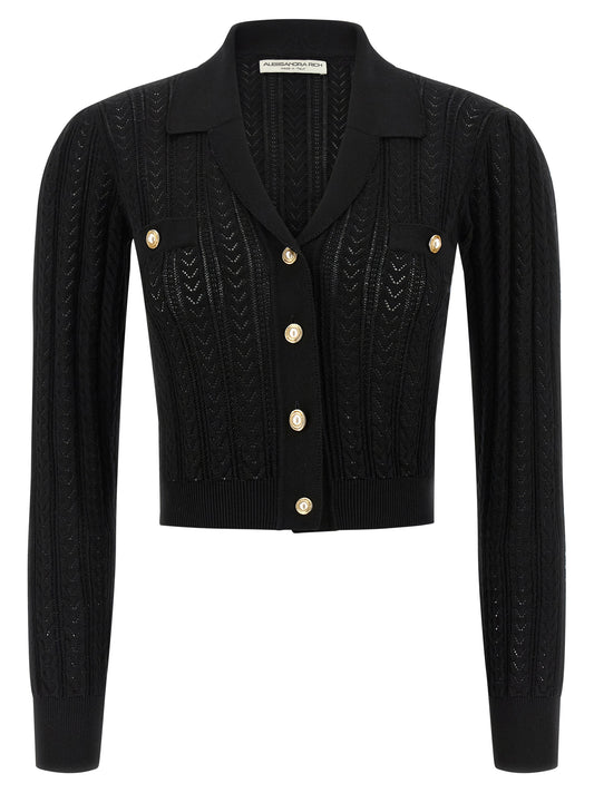 Cardigan by Alessandra Rich for women in cashmere cotton blend black showcases a luxurious silhouette, meticulously detailed with a sophisticated v-neck neckline and for a refined finish.