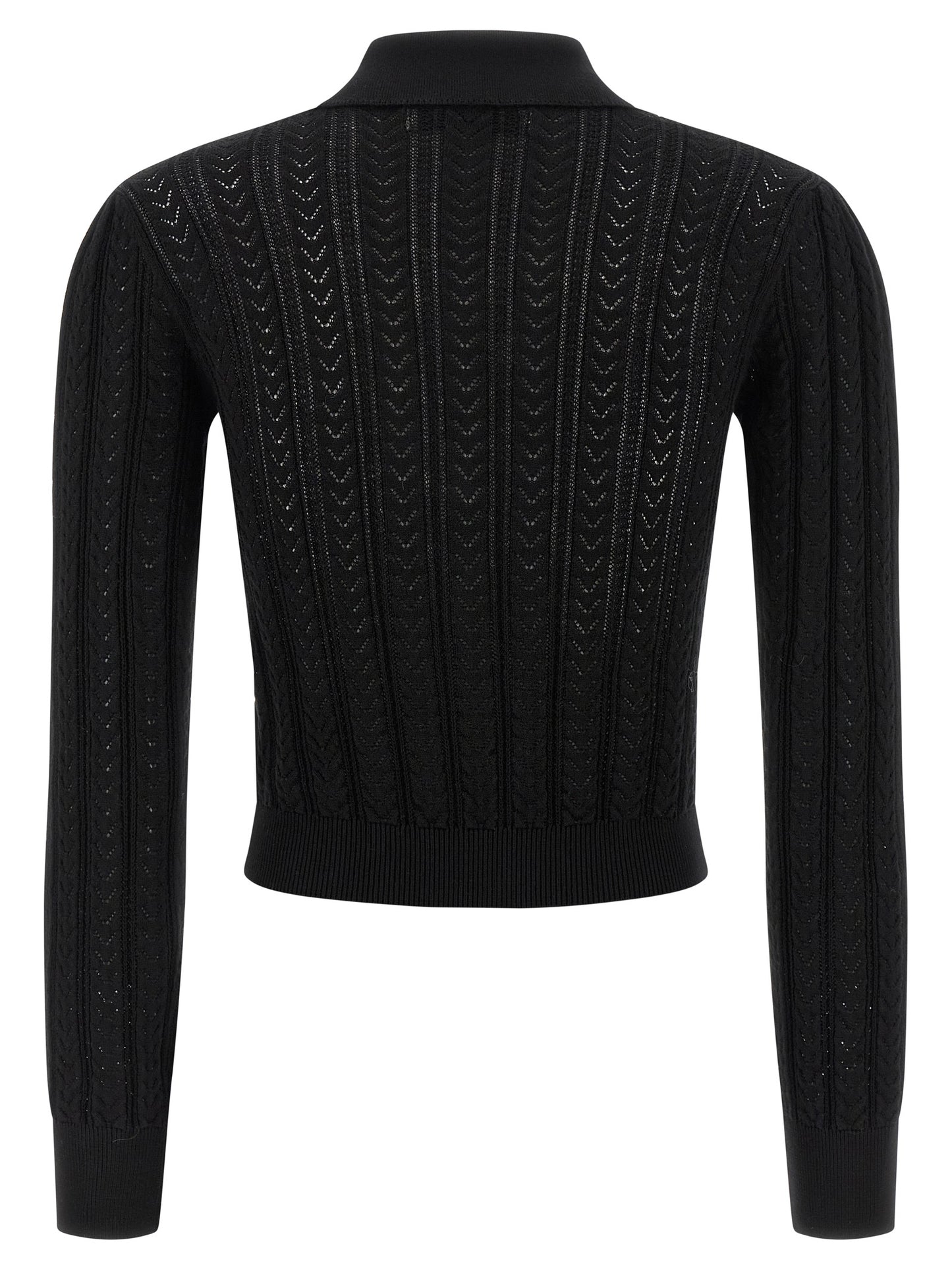 Cardigan by Alessandra Rich for women in cashmere cotton blend black features a nuanced silhouette with a refined v-neck neckline and nuanced detailing for a sophisticated look.