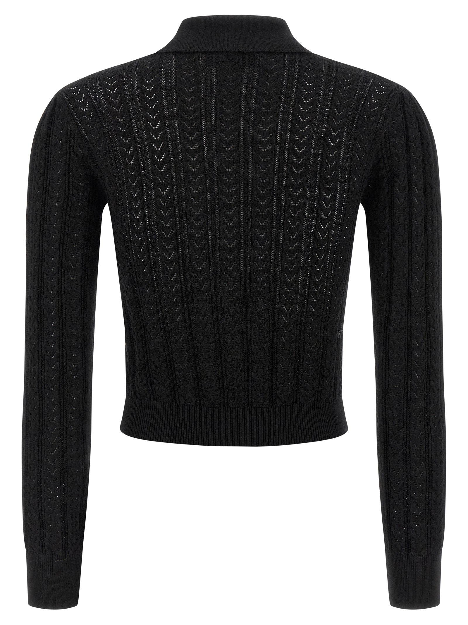 Cardigan by Alessandra Rich for women in cashmere cotton blend black features a nuanced silhouette with a refined v-neck neckline and nuanced detailing for a sophisticated look.
