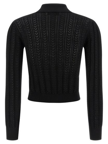 Cardigan by Alessandra Rich for women in cashmere cotton blend black features a nuanced silhouette with a refined v-neck neckline and nuanced detailing for a sophisticated look.