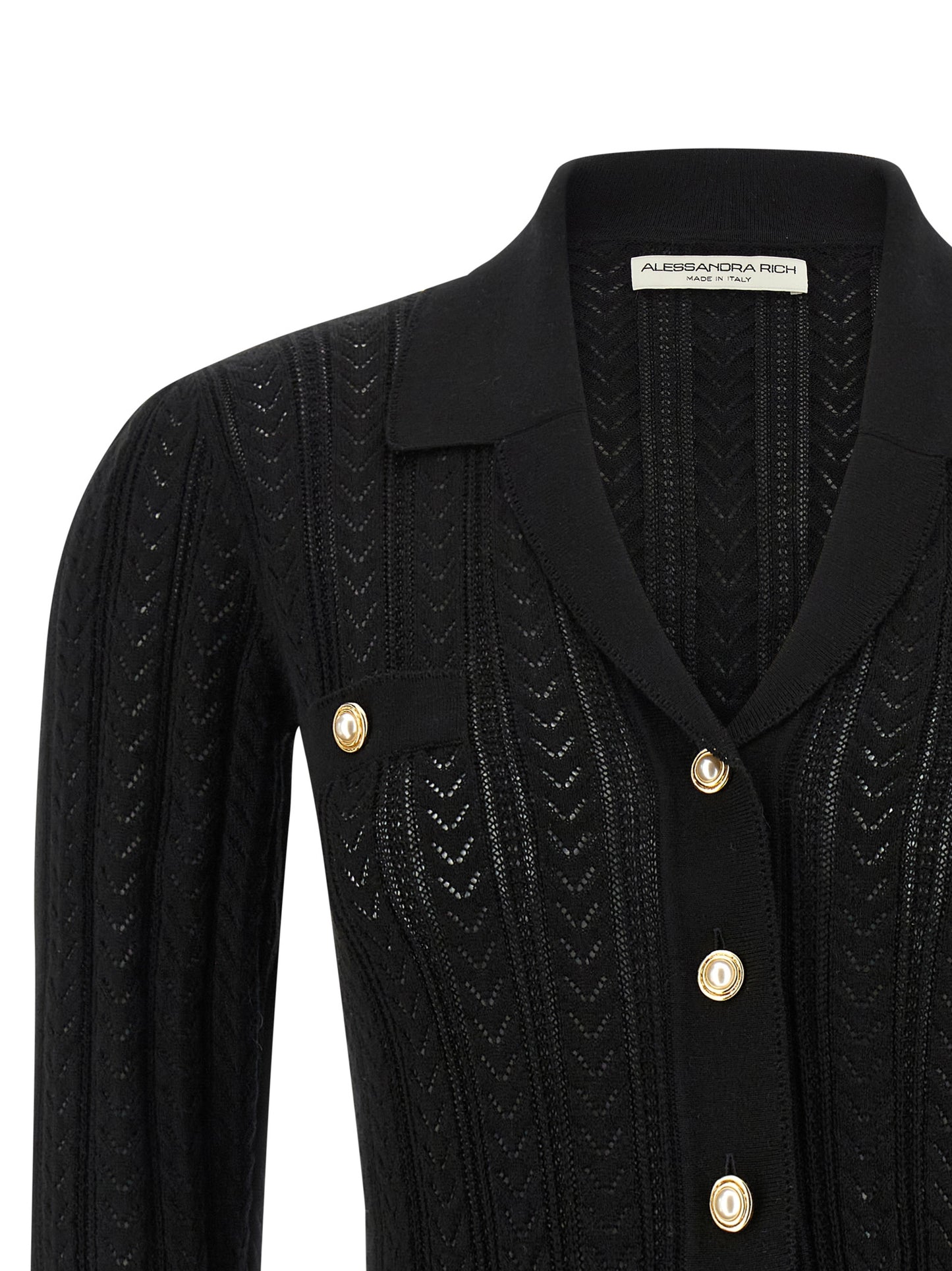 Cardigan by Alessandra Rich for women in cashmere cotton blend black presents a textural silhouette, artfully finished with a textural v-neck neckline and for a sophisticated, textural look.