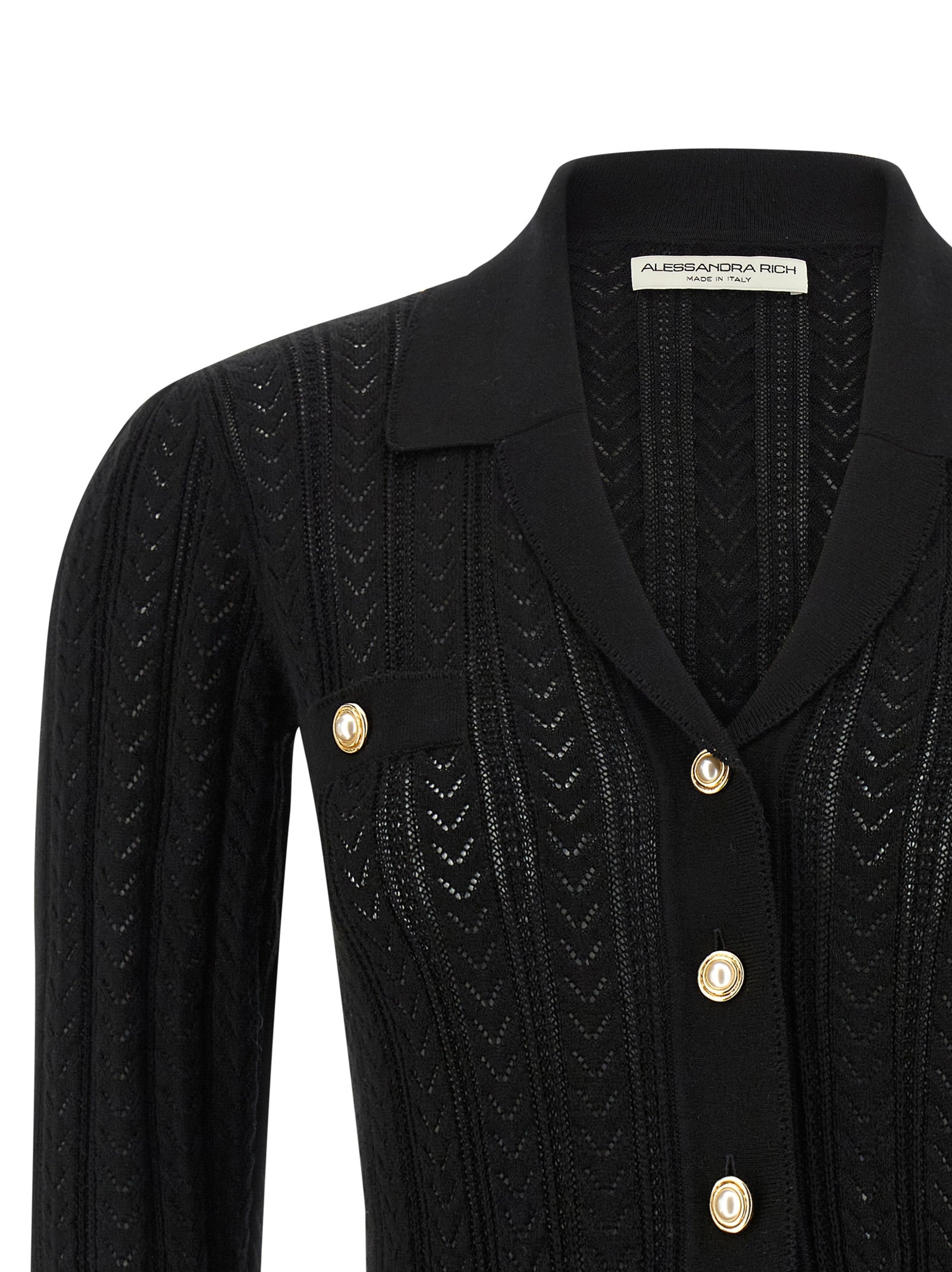 Cardigan by Alessandra Rich for women in cashmere cotton blend black presents a textural silhouette, artfully finished with a textural v-neck neckline and for a sophisticated, textural look.