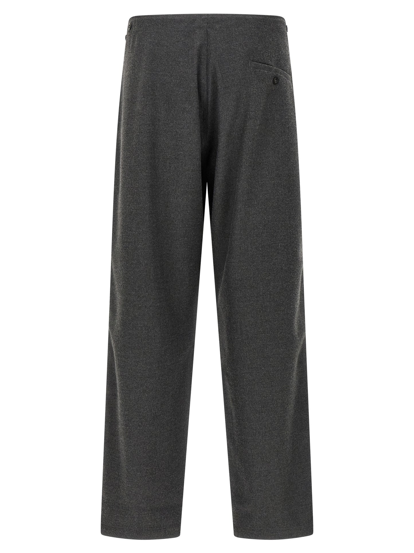 Trousers by CELLAR DOOR for men in polyester & viscose gray features a sculptural silhouette, showcasing a sculptural straight-leg and long with a sophisticated high rise for a sculptural finish.