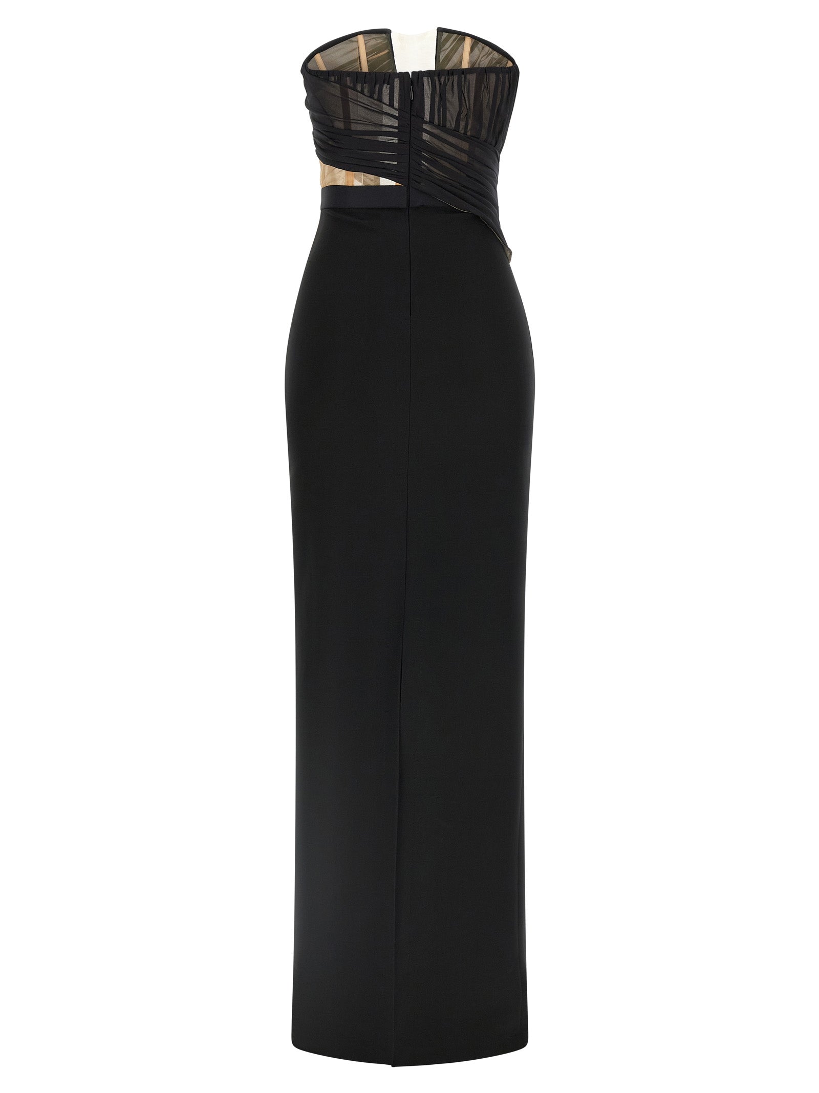Dress by Nensi Dojaka for women in stretch viscose polyester black & transparent features an sultry silhouette defined by a and , falling to an sultry maxi long for a sultry look.