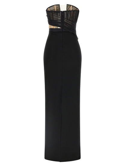 Dress by Nensi Dojaka for women in stretch viscose polyester black & transparent features an sultry silhouette defined by a and , falling to an sultry maxi long for a sultry look.