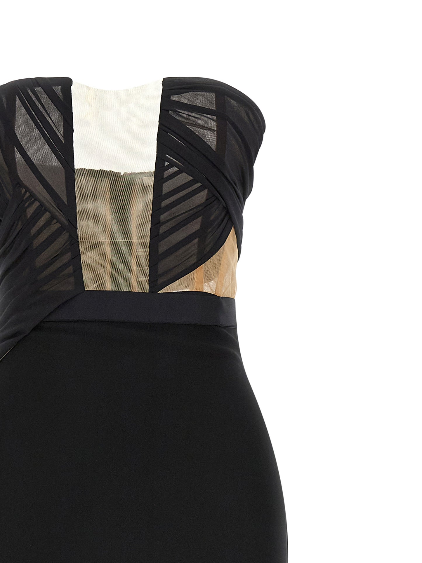 Dress by Nensi Dojaka for women in stretch viscose polyester black & transparent features a dramatic silhouette, showcasing an elegant and that flows into a dramatic maxi long.
