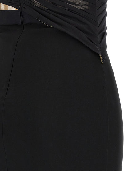 Dress by Nensi Dojaka for women in stretch viscose polyester black & transparent features an cute silhouette, detailed with a and that elegantly flows into a cute maxi long.
