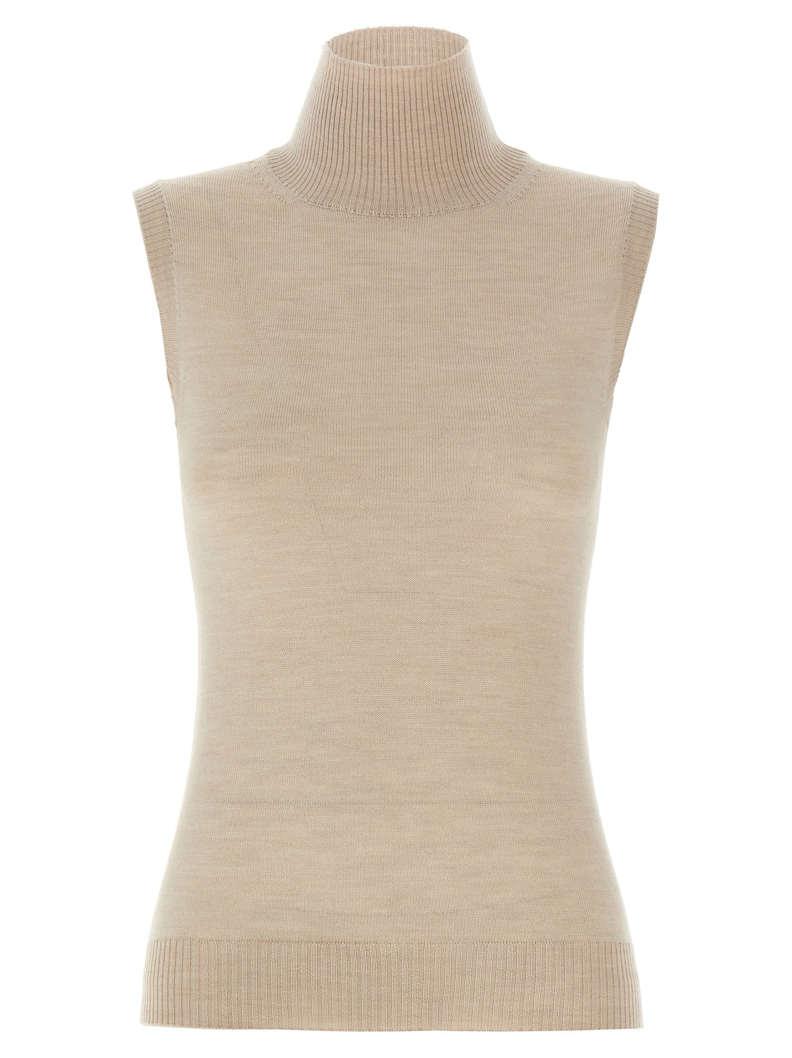 Cardigan by Sportmax for women in virgin wool beige features a nuanced silhouette with a refined high-neck neckline and nuanced sleeveless detailing for a sophisticated look.