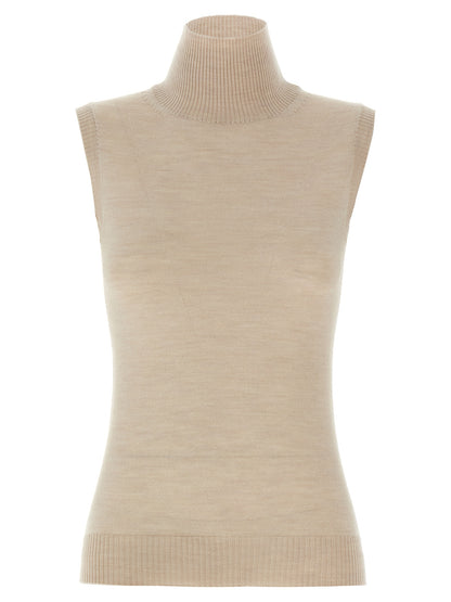 Cardigan by Sportmax for women in virgin wool beige features a nuanced silhouette with a refined high-neck neckline and nuanced sleeveless detailing for a sophisticated look.