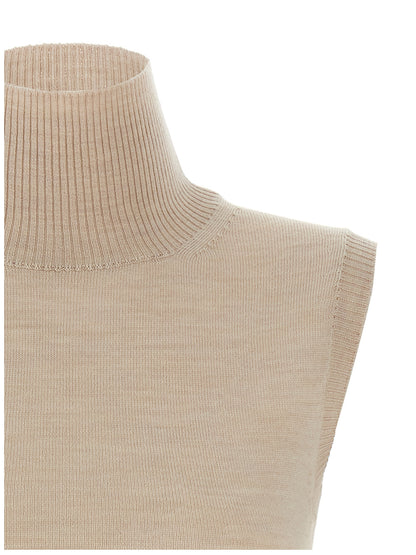 Cardigan by Sportmax for women in virgin wool beige features a nuanced silhouette with a refined high-neck neckline and nuanced detailing for a sophisticated look.