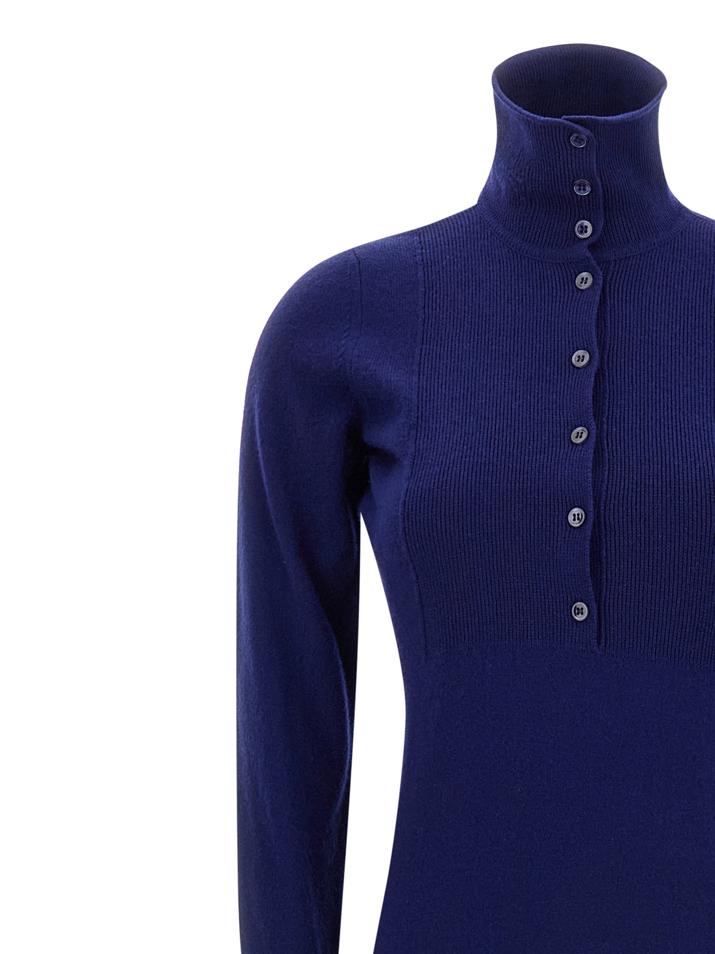 Dress by Tom Ford for women in cashmere blue features a dramatic silhouette, showcasing an elegant and that flows into a dramatic long.