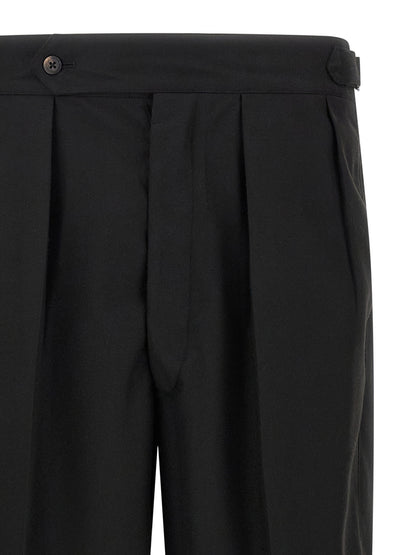Trousers by CELLAR DOOR for men in polyester & viscose black features a sculptural silhouette, showcasing a sculptural straight and long with a sophisticated for a sculptural finish.