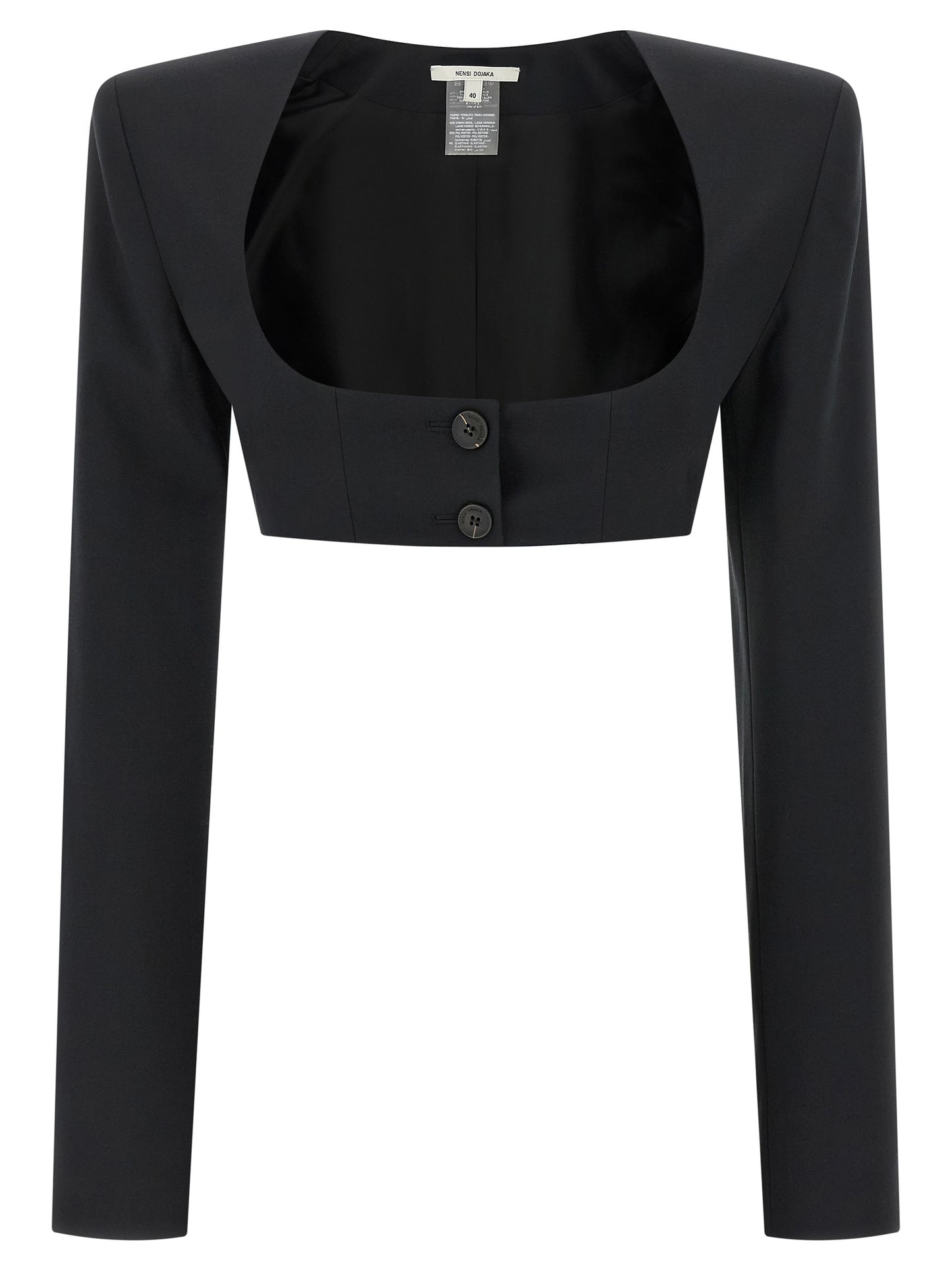 Bolero Jacket by Nensi Dojaka for women in polyester & virgin wool black presents a distinguished silhouette, detailed with a distinguished square neckline and distinctive insulated for a truly sophisticated finish.