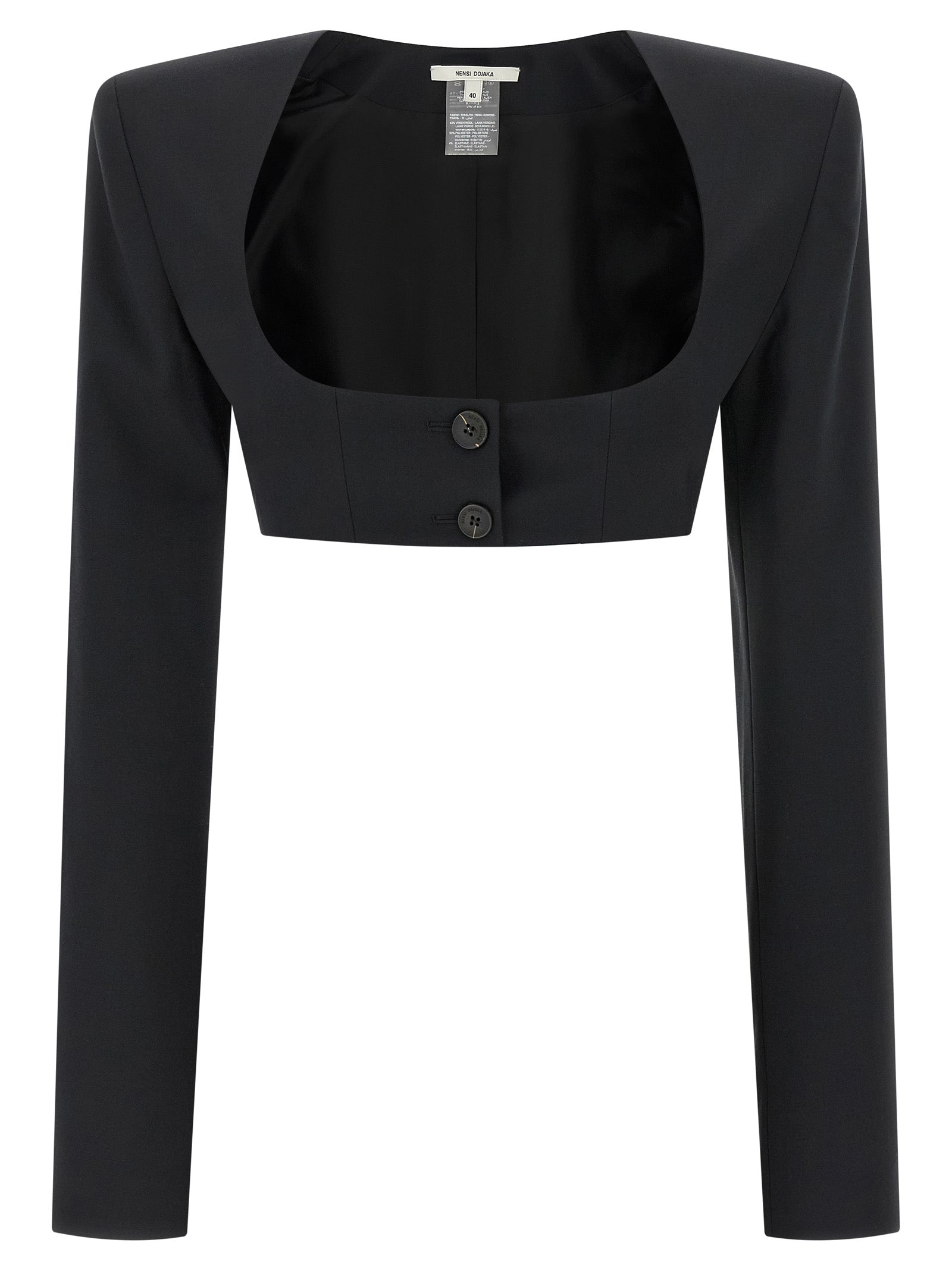 Bolero Jacket by Nensi Dojaka for women in polyester & virgin wool black presents a distinguished silhouette, detailed with a distinguished square neckline and distinctive insulated for a truly sophisticated finish.