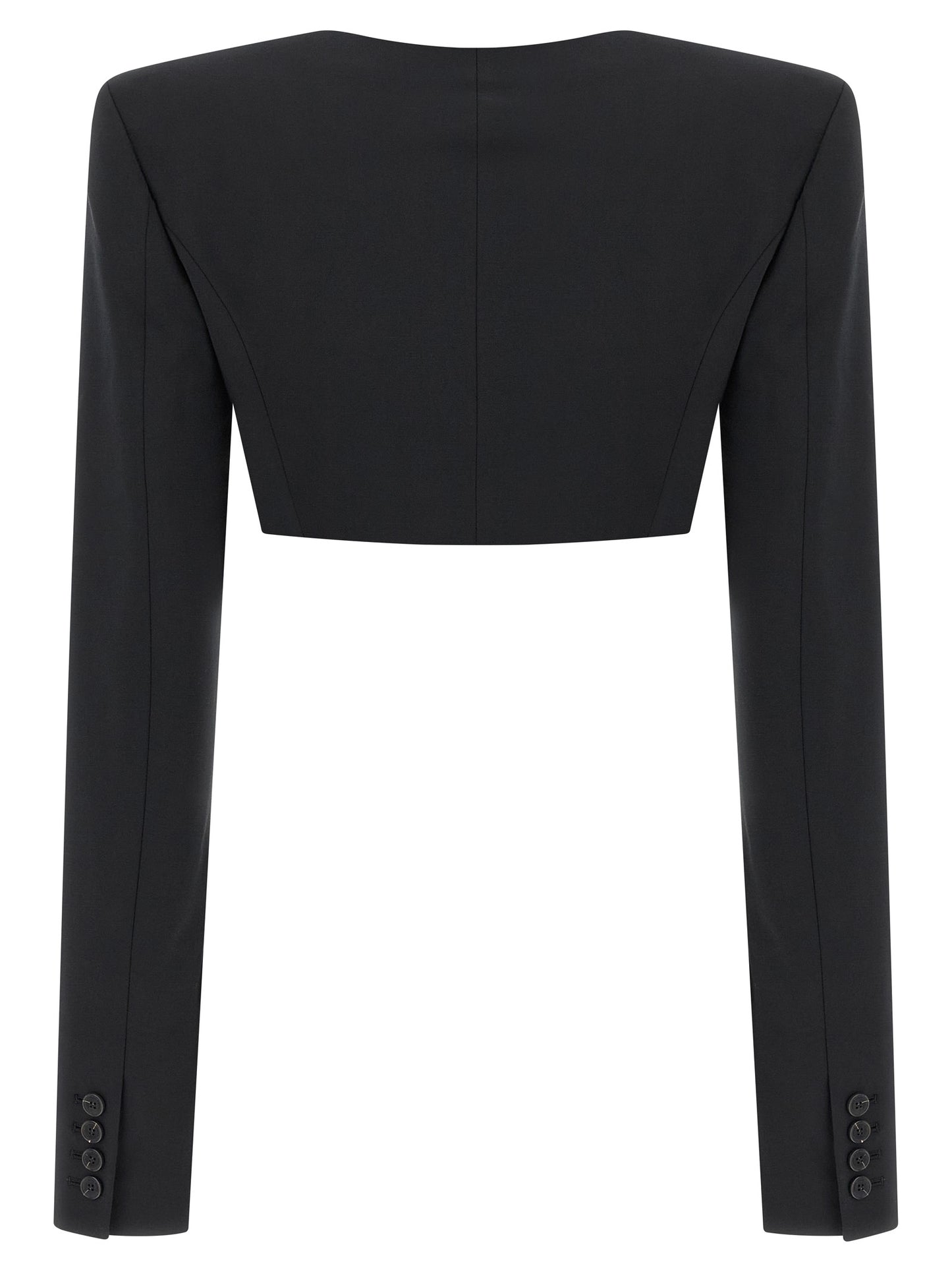 Bolero Jacket by Nensi Dojaka for women in polyester & virgin wool black showcases a polished silhouette, highlighted by a refined square neckline and polished insulated for a sophisticated finish.