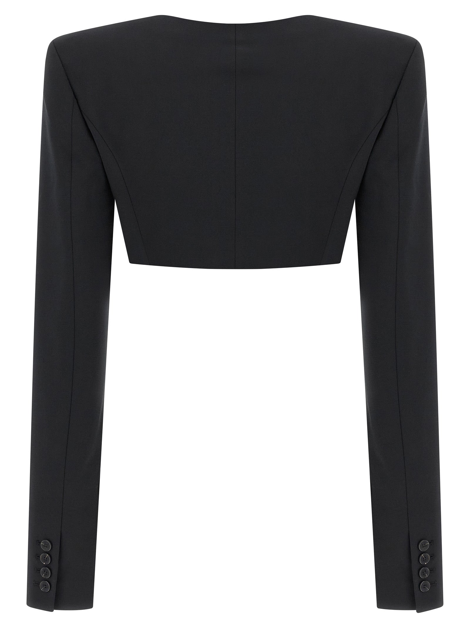 Bolero Jacket by Nensi Dojaka for women in polyester & virgin wool black showcases a polished silhouette, highlighted by a refined square neckline and polished insulated for a sophisticated finish.