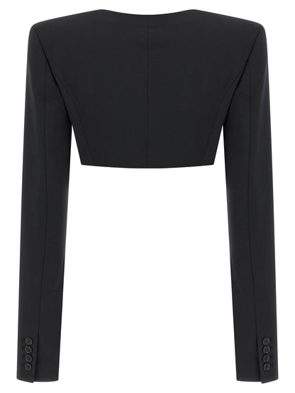 Bolero Jacket by Nensi Dojaka for women in polyester & virgin wool black showcases a polished silhouette, highlighted by a refined square neckline and polished insulated for a sophisticated finish.