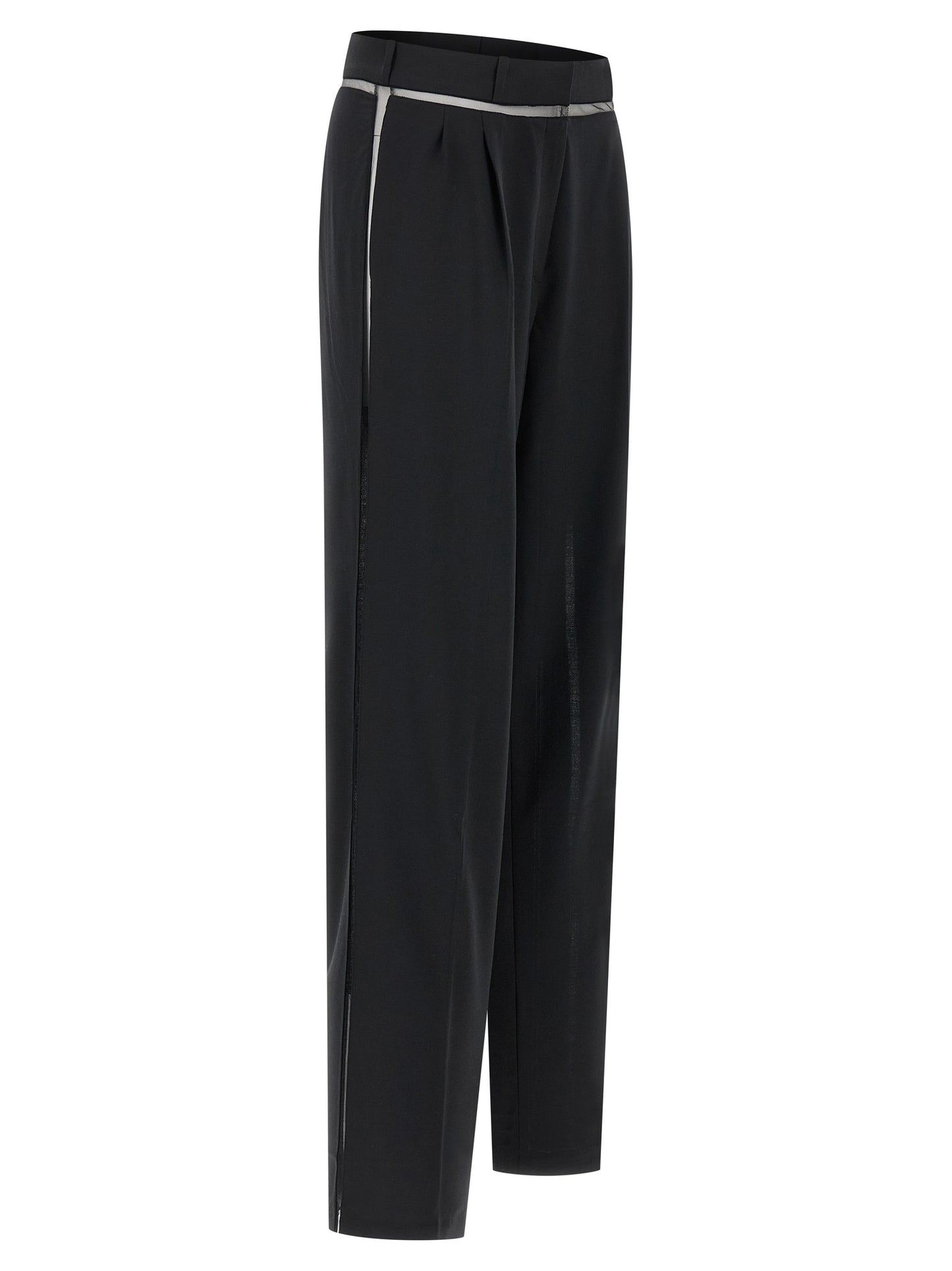 Casual Pants by Nensi Dojaka for women in polyester & virgin wool black & transparent features an sophisticated and straight-leg with a precise long, creating a sophisticated and sophisticated silhouette.