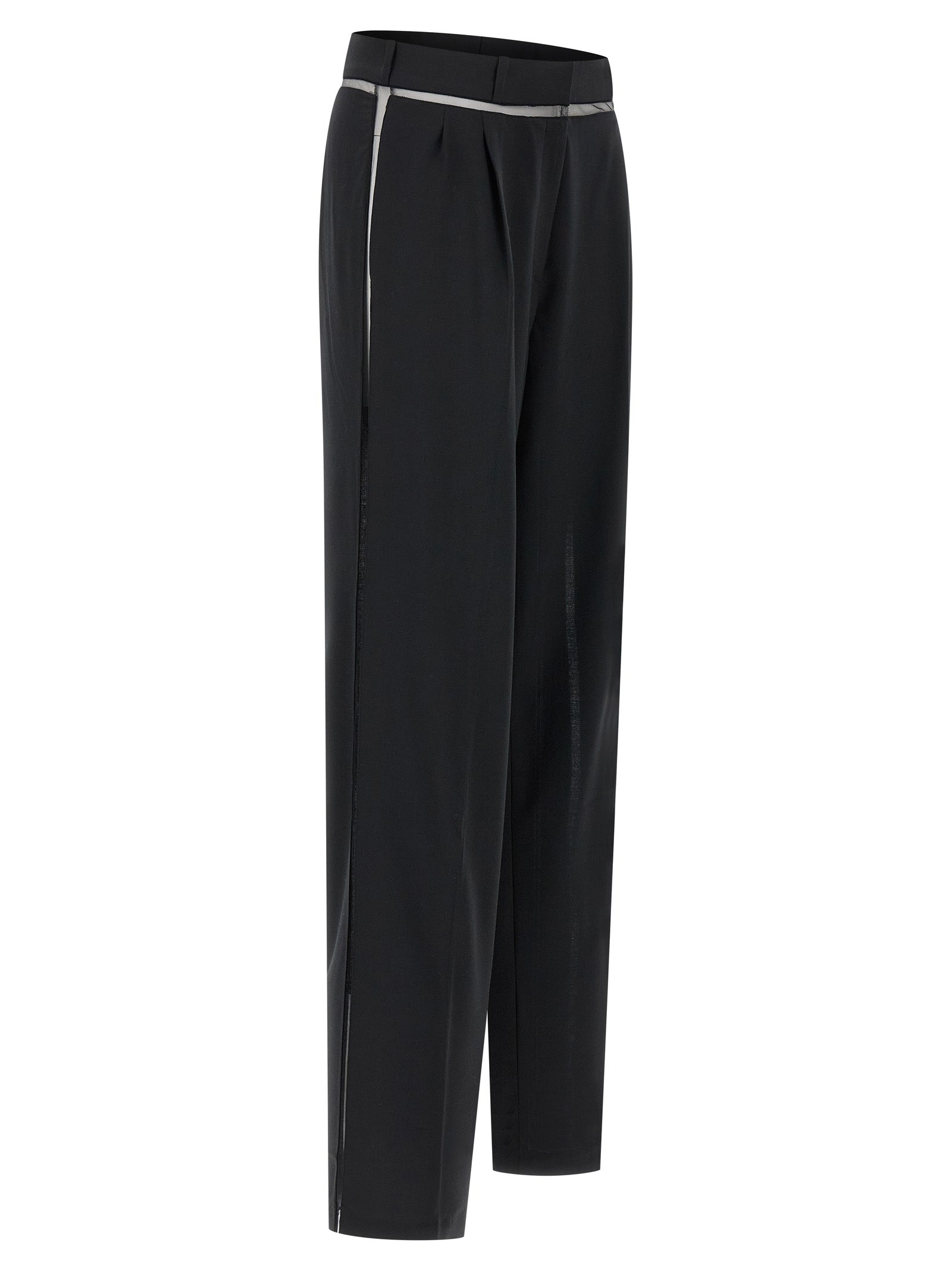 Casual Pants by Nensi Dojaka for women in polyester & virgin wool black & transparent features an sophisticated and straight-leg with a precise long, creating a sophisticated and sophisticated silhouette.