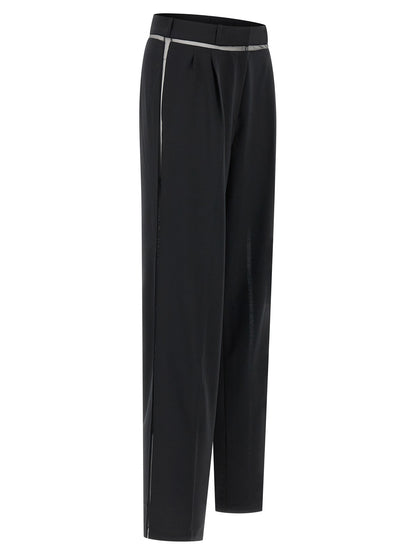 Casual Pants by Nensi Dojaka for women in polyester & virgin wool black & transparent features an sophisticated and straight-leg with a precise long, creating a sophisticated and sophisticated silhouette.