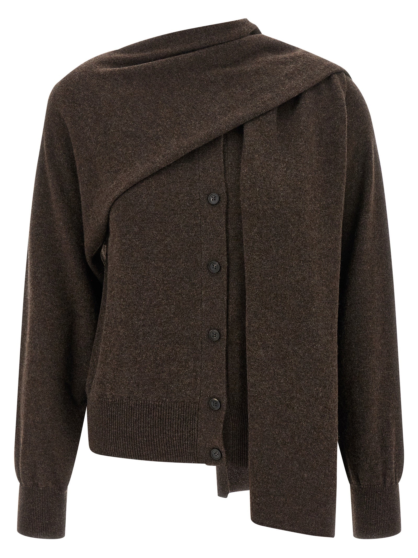 Cardigan by Ferragamo for women in cashmere brown presents a textural silhouette, artfully finished with a textural crew neckline and for a sophisticated, textural look.