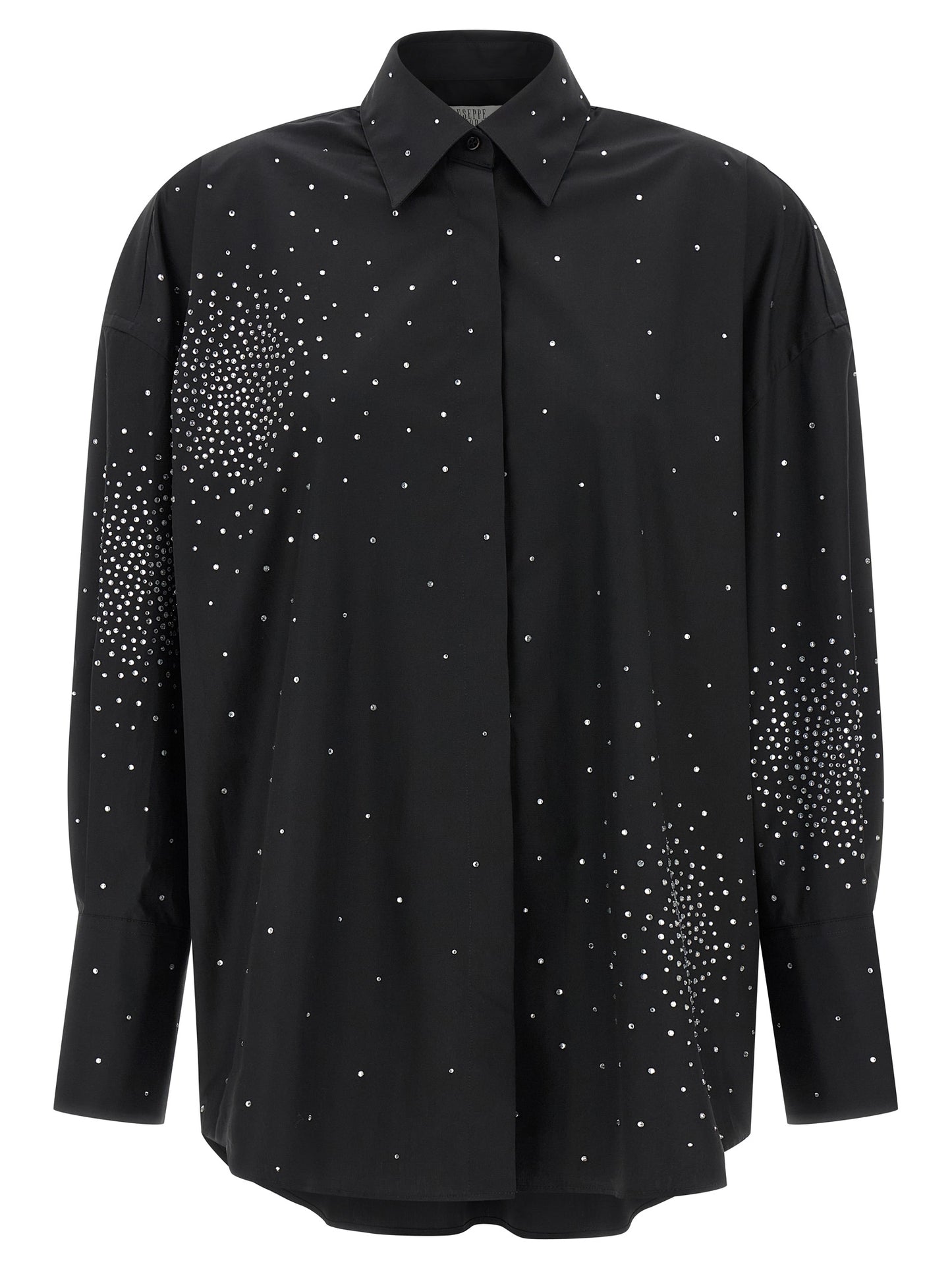 Blouse by Giuseppe Di Morabito for women in cotton & rhinestone black showcases a sharp silhouette, elegantly detailed with a sharp and sharp long-sleeve.