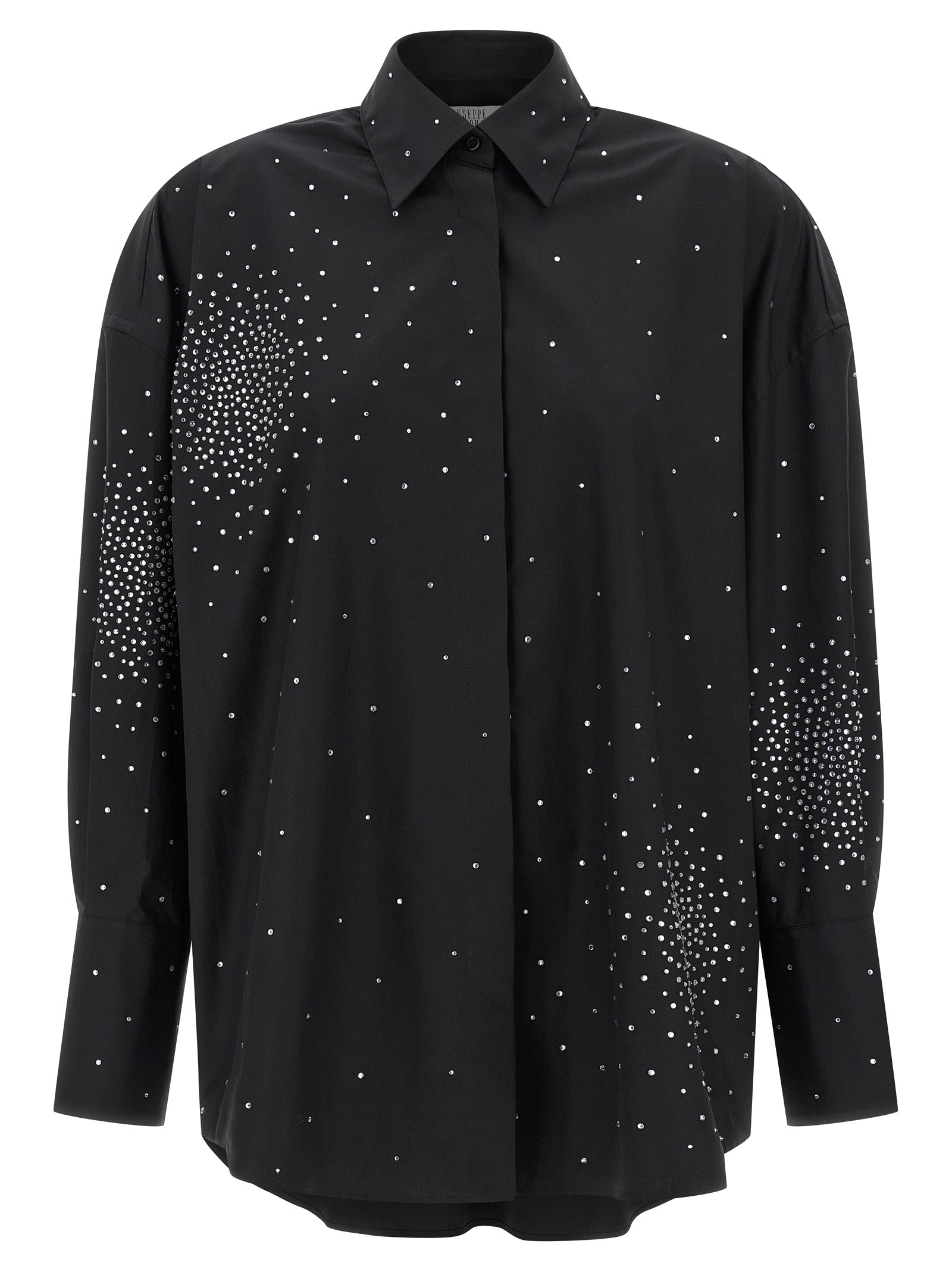 Blouse by Giuseppe Di Morabito for women in cotton & rhinestone black showcases a sharp silhouette, elegantly detailed with a sharp and sharp long-sleeve.
