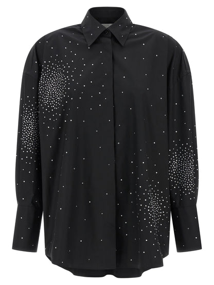 Blouse by Giuseppe Di Morabito for women in cotton & rhinestone black showcases a sharp silhouette, elegantly detailed with a sharp and sharp long-sleeve.