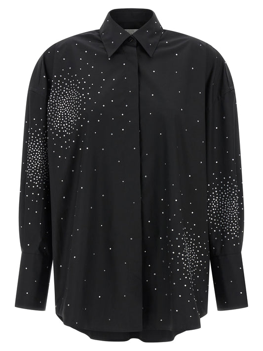 Blouse by Giuseppe Di Morabito for women in cotton & rhinestone black showcases a sharp silhouette, elegantly detailed with a sharp and sharp long-sleeve.