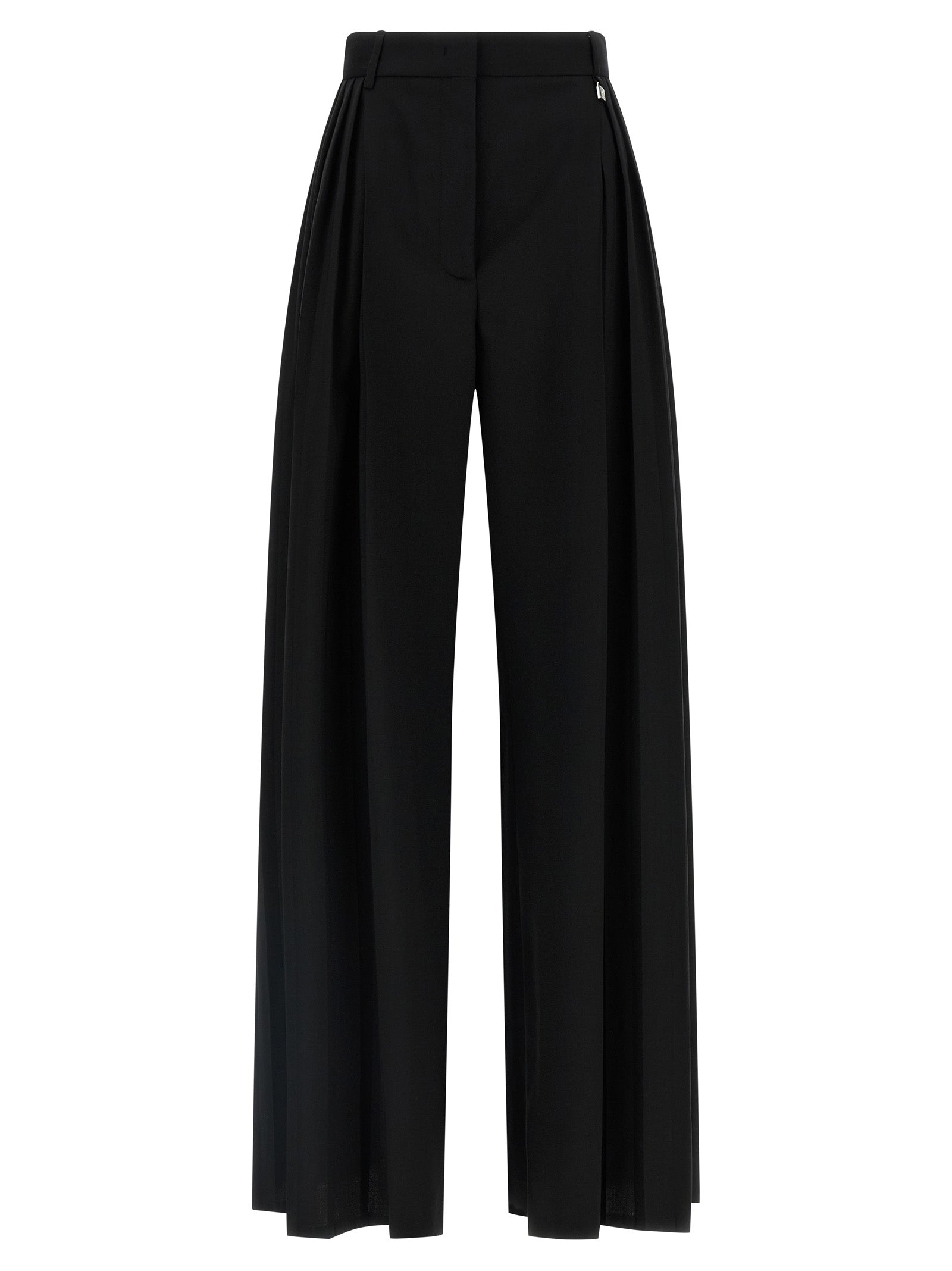 Trousers by Giuseppe Di Morabito for women in canvas & virgin wool black presents a perennial silhouette, meticulously tailored with a wide cut, long finish, and an elegant high rise.