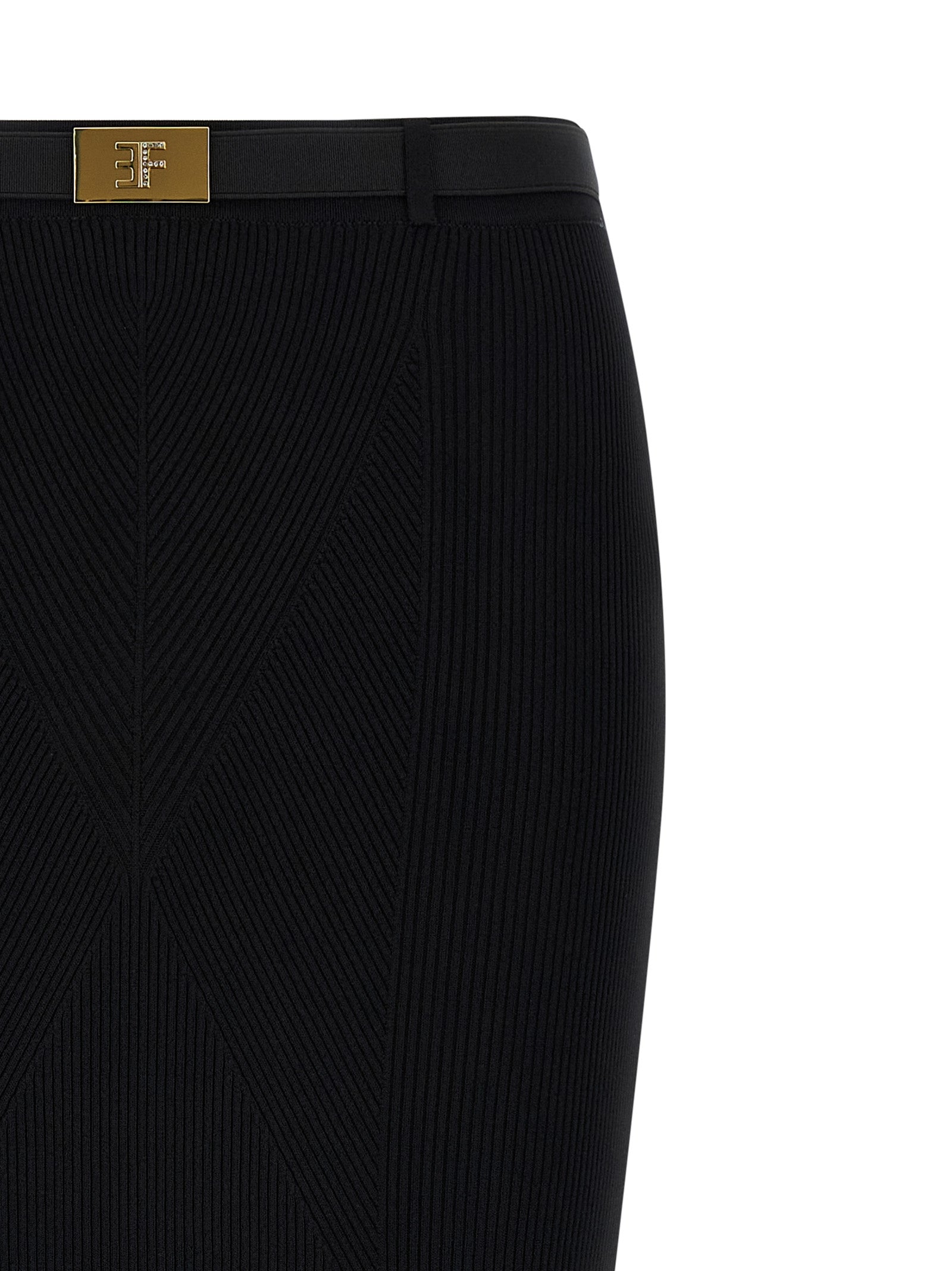 Skirt by Elisabetta Franchi for women in viscose & polyamide black showcases a dramatic silhouette, artfully capturing the essence of the Women's Viscose & Polyamide Midi Skirt in a dramatic midi cut for a refined look.